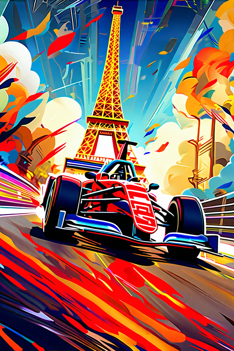 A speeding sensation perched atop a sleek racing machine, triumphant helmet held high amidst a sea of frenzied fans spilling onto the grandstand's undulating tiers. Bold, vibrant racing attire shines like a beacon as the crowd erupts in jubilant cheers. In the distant backdrop, the Eiffel Tower's iconic iron latticework rises majestically, its presence amplified by the electric atmosphere.