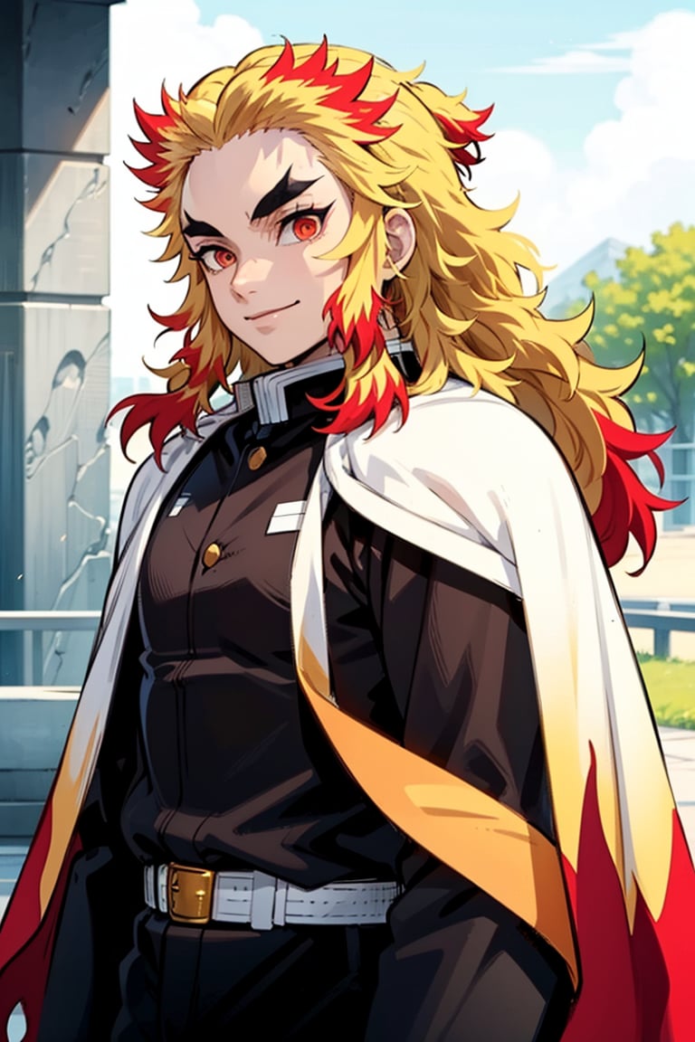 solo, long hair, looking at viewer, smile, blonde hair, red eyes, 1boy, closed mouth, jacket, upper body, weapon, male focus, red hair, multicolored hair, sword, cape, orange hair, two-tone hair, black jacket, thick eyebrows, white cape, demon slayer uniform, forked eyebrows, rengoku kyoujurou