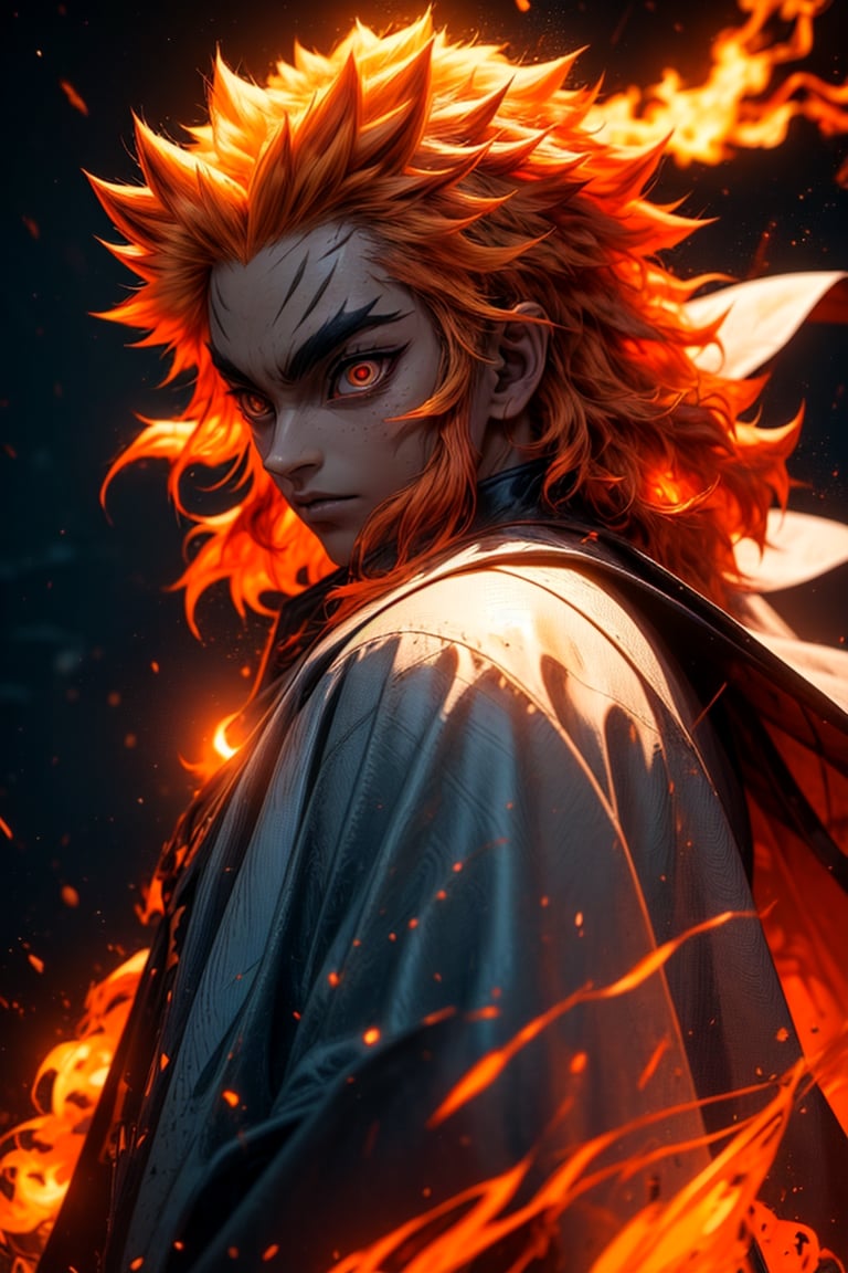 sharp focus, dynamic, (natural skin texture, hyperrealism:1.25), (skinny:1.25),portrait of Kyojuro , 1boy , glowing eyes, looking at viewer, serius face, empty look, dinamic pose, dinamic hair, strong wind, orange hair-streaks, very low angle, looking at camera, pale skin, staring, upper body, constricted pupils, fire background, fire-storm,rengoku kyoujurou, 
white cape, fire streaks,r1ge