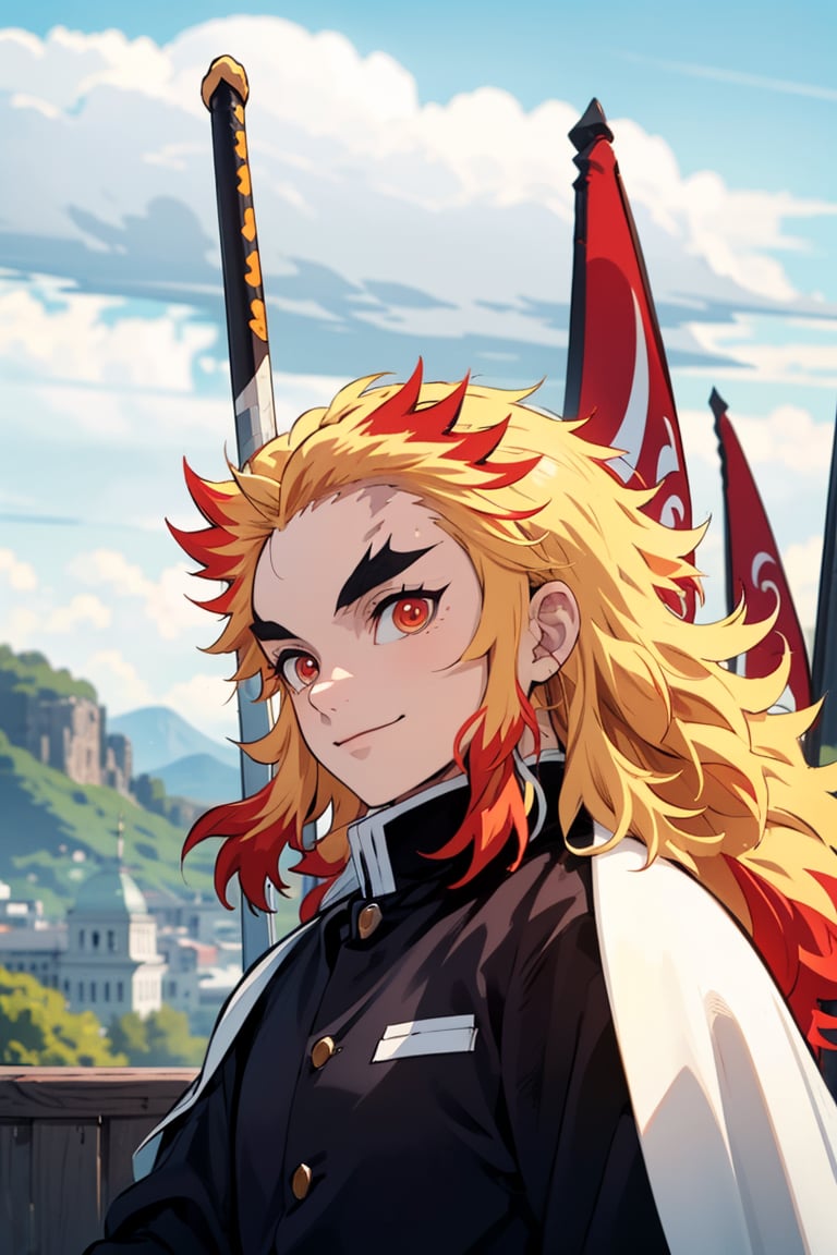 solo, long hair, looking at viewer, smile, blonde hair, red eyes, 1boy, closed mouth, jacket, upper body, weapon, male focus, red hair, multicolored hair, sword, cape, orange hair, two-tone hair, black jacket, thick eyebrows, white cape, demon slayer uniform, forked eyebrows, rengoku kyoujurou