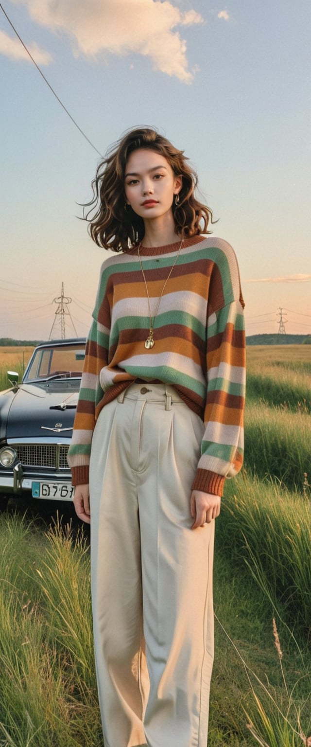 A young woman with shoulder-length wavy hair standing next to a vintage car in a grassy field during golden hour. She is wearing a colorful striped sweater with earthy tones and high-waisted beige trousers. The background includes a tall power line structure and a clear, slightly cloudy sky. The scene has a warm, nostalgic atmosphere. --v 5 --q 2
