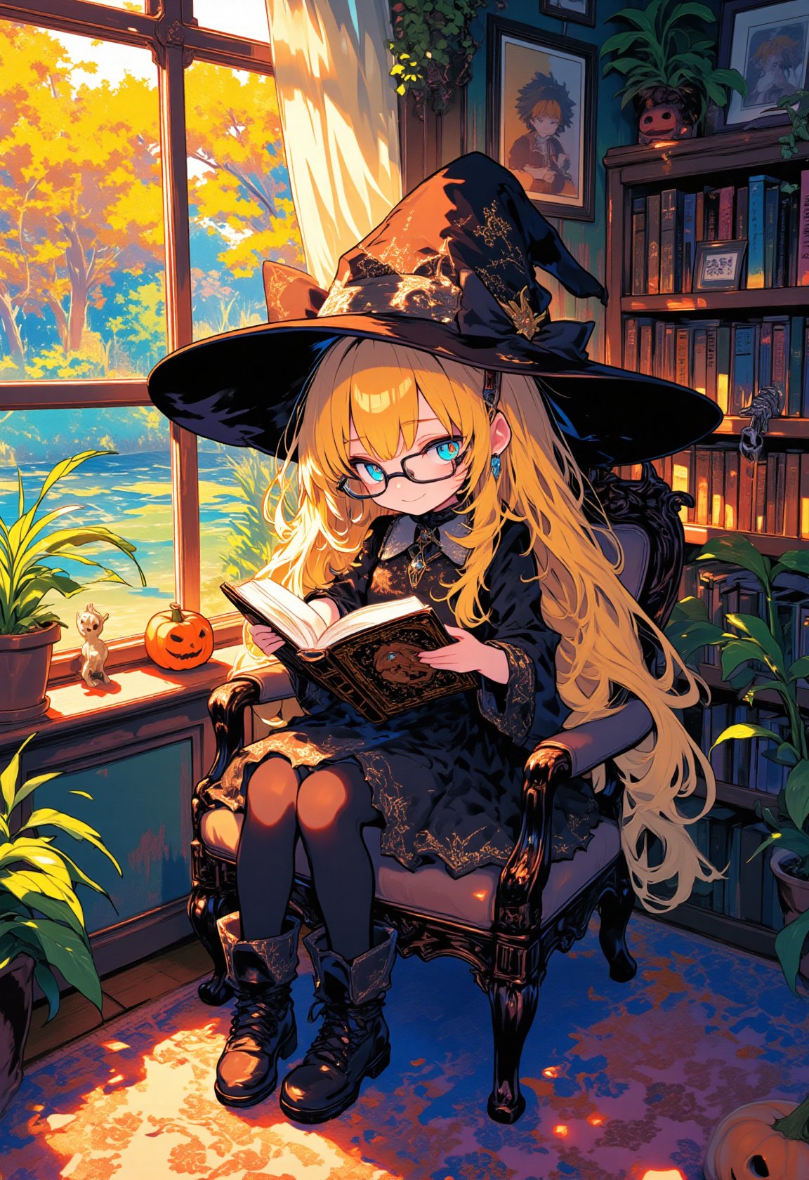 ink outline, fine detail rendered, color, horror style, a witch girl, chibi, adorable, cute, kawaii, full body, wide shot, The witch in black has very long blond hair, wears glasses, blue eyes, a black mini-length dress, black pantyhose, boots. A black witch is sitting in an antique chair by the window of a quaint room, reading a book. From the window, she can see a pond surrounded by beautifully colored trees. There are several unusual houseplants in the room and pictures on the walls. The bookshelf holds many books. There's one haunted pumpkin figurine on the floor. Warm afternoon sunlight shines through the window. The black witch is happily enjoying her afternoon. stunning embroidered dress, stunningly crafted jewelry, full body, fantastic, mysterious, most fashionable, most stylish, detailed background, every detail is rendered in superb detail, perfect composition, masterpiece, best quality, 8k, ultra-detailed, very clear, perfect anatomy, anatomically correct hands, beautiful face, beautiful eyes, detailed eyes, beautiful hair, detailed hair