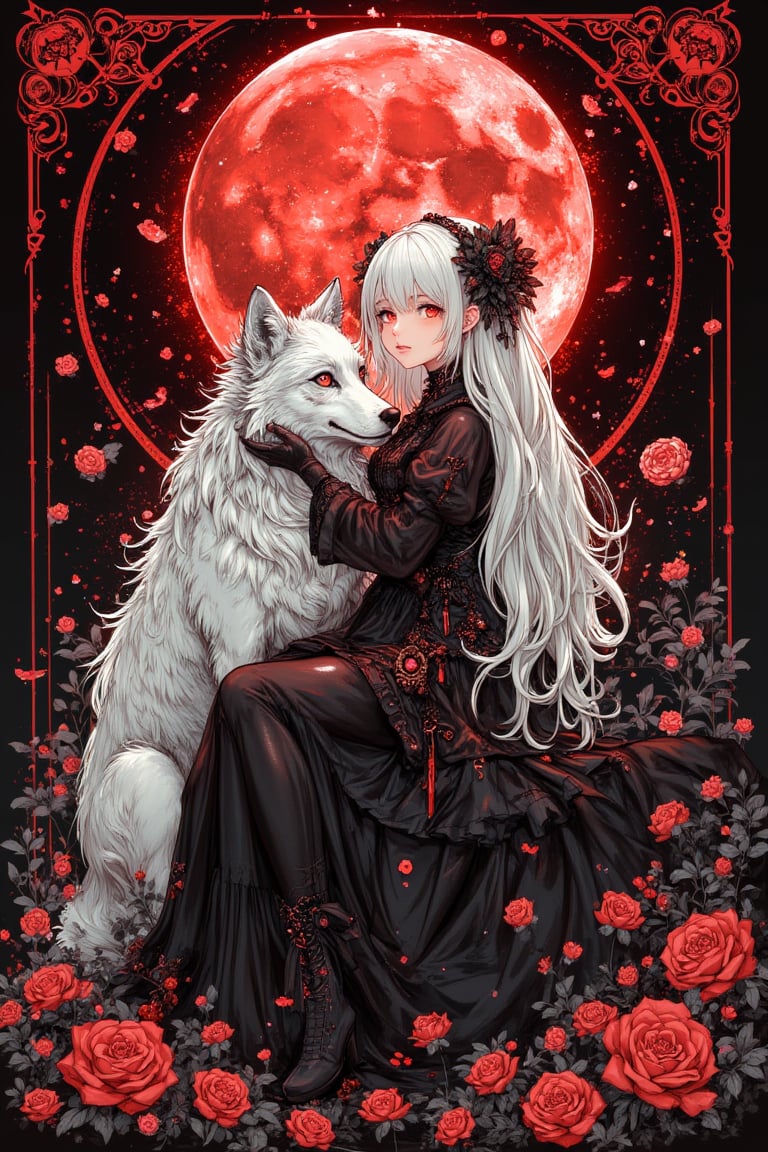 ink outline, fine detail rendered, color, horror style, 1girl, vampire princess, beautiful, adorable, cute, kawaii, sitting, She has a big wolf with her, she gently nudges the wolf, looking at viewer, white hair, very long hair, gorgeous black dress, stunningly crafted jewelry, bloody full moon, most fashionable, most stylish, dark background, detailed background, every detail is rendered in superb detail, perfect composition, masterpiece, best quality, 8k, ultra-detailed, very clear, perfect anatomy, anatomically correct hands, beautiful face, beautiful eyes, detailed eyes, beautiful hair, detailed hair, fantasy girl, Hand