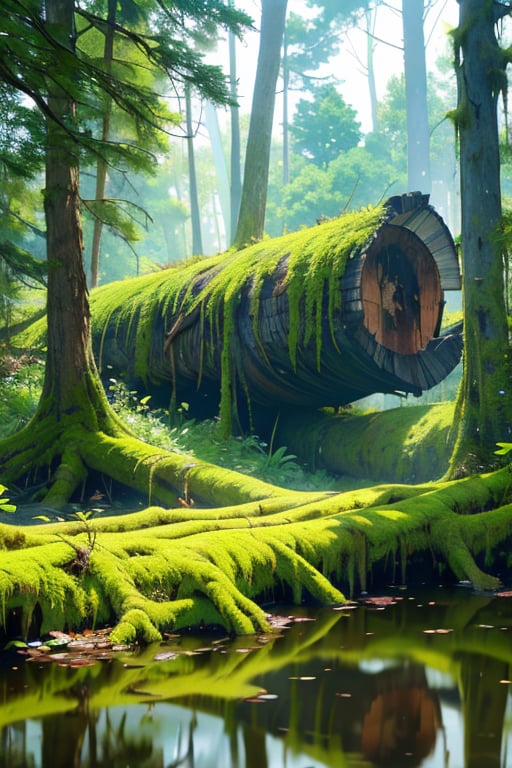 ((masterpiece, best quality, 8k, ultra-detailed, photo-realistic)), a huge rotting tree lying in a pond in a dense forest, incredibly detailed foliage, The texture of the trunk is incredibly detailed, The boldly undulating trunks, Large spreading branches, Mossy soil, The reflection of the water surface is very beautiful, cinematic lighting, cinematic shadows, fantastic, mysterious