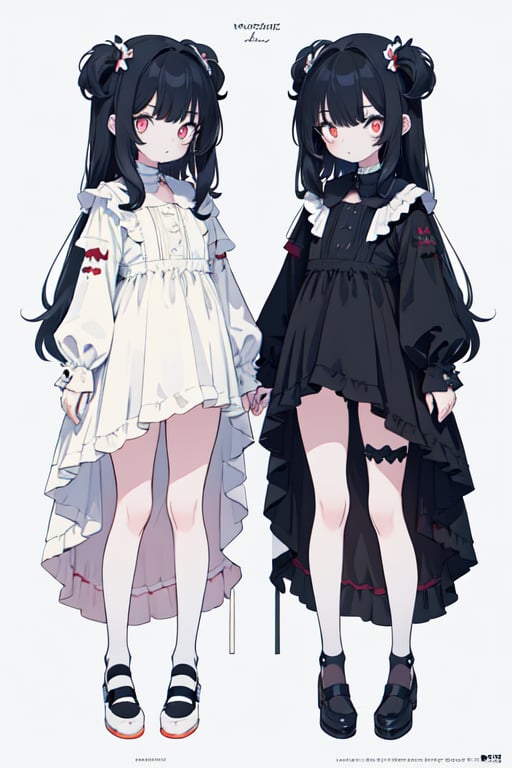 Comparison of twin girls, very cute, equally side by side, horror style, dark background with explanatory text, from the illustrated book, ((masterpiece, best quality, 8k, ultra-detailed))