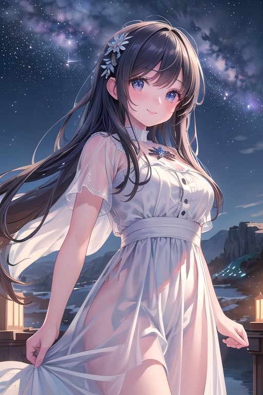 (masterpiece:1.4), ((best quality, 8k, ultra-detailed, photo realistic)), raw photo, beautiful face, detailed eyes, detailed skin, 1girl, smiling, standing, white dress, observatory at the top of the hill, midnight, beautiful Milky Way in the night sky, perfect lighting, dramatic shadows, ultimate composition, commemorative photo