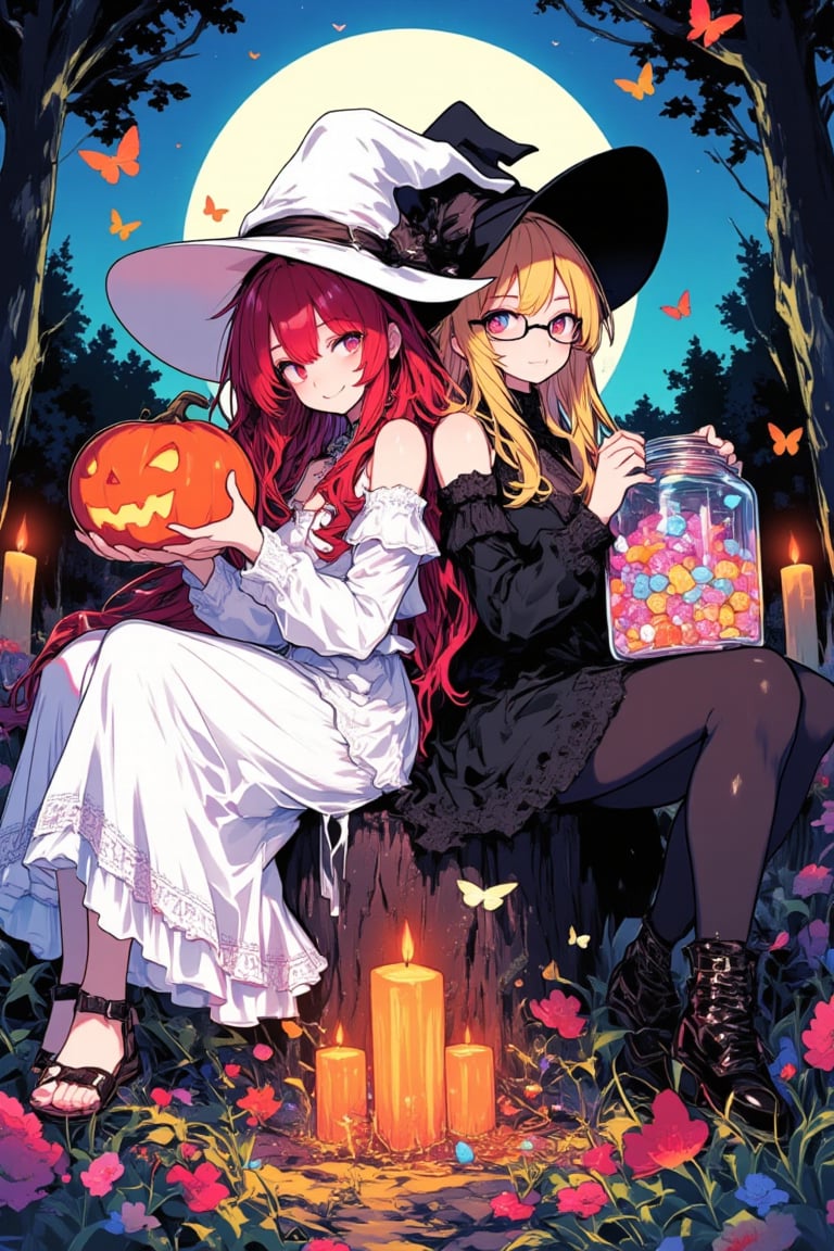 ink outline, fine detail rendered, colorful, horror style, Two witches, adorable, cute, kawaii, A witch in white and a witch in black are e sitting on stumps back to back, looking at us. The witch in white has very long red hair, red eyes, wearing a long white dress and a white witch's hat, sandals. The witch in black has very long blond hair, wears glasses, blue eyes, a black mini-length dress, black pantyhose and black boots. The white witch holds a haunted pumpkin with both hands, while the black witch holds a large jar full of candy. They are surrounded by colorful candles and flowers. They look very close and happy. stunning embroidered dress and witch's hat, stunningly crafted jewelry, full body, bluish-white full moon, deep forest, butterflies, fantastic, mysterious, most fashionable, most stylish, dark background, detailed background, every detail is rendered in superb detail, perfect composition, masterpiece, best quality, 8k, ultra-detailed, very clear, perfect anatomy, anatomically correct hands, beautiful face, beautiful eyes, detailed eyes, beautiful hair, detailed hair