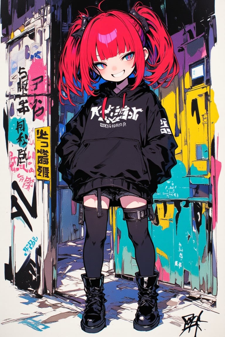 ink outline, fine detail rendered in ink, the most fashionable, colorful, 1girl, chibi, adorable, cute, kawaii, red hair, twintails, standing against a wall, hands in pockets, full body, smile, clenched teeth, looking at viewer, punk fashion, black jacket, shorts, black leggings, boots, inside an abandoned building covered in graffiti, detailed background, perfect composition, masterpiece, best quality, 8k, ultra-detailed, very clear, perfect anatomy, detailed eyes, anatomically correct handsrs, detailed hair, delicate hair expression, detailed eyes, beautiful face, beautiful eyes