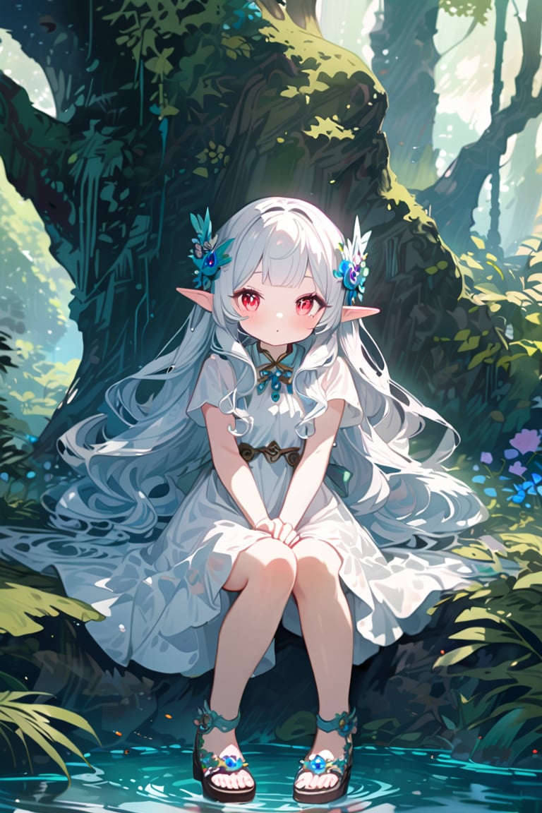 watercolor, 1girl, (elf:1.4), sitting on a rock, looking at viewer, (((cute, kawaii))), white hair, long hair, red eyes, white dress, sandals, deep forest, stunningly crafted ornaments, detailed background, fantastic, mysterious, perfect composition, (masterpiece:1.3), ((best quality, 8k, ultra-detailed, very clear)), perfect anatomy, anatomically correct hands, detailed hair, delicate hair expression, detailed eyes, beautiful face, beautiful eyes, extremely stylish, The most fashionable, perfect hand description