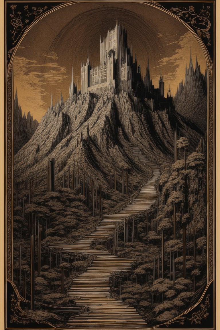 Illustration, ukiyo-e, dark, sepia, Neuschwanstein Castle, Katsuhiro Otomo style, superb detail, fantastic, mysterious, detailed background, It must not be commonplace, Must have a very complex structure, Must have a very high degree of randomness, Must be an image that no one has ever seen before, It has to be very original, Must have tremendous detail, It has to be of the highest artistic quality, It has to be the ultimate, Failure is not an option