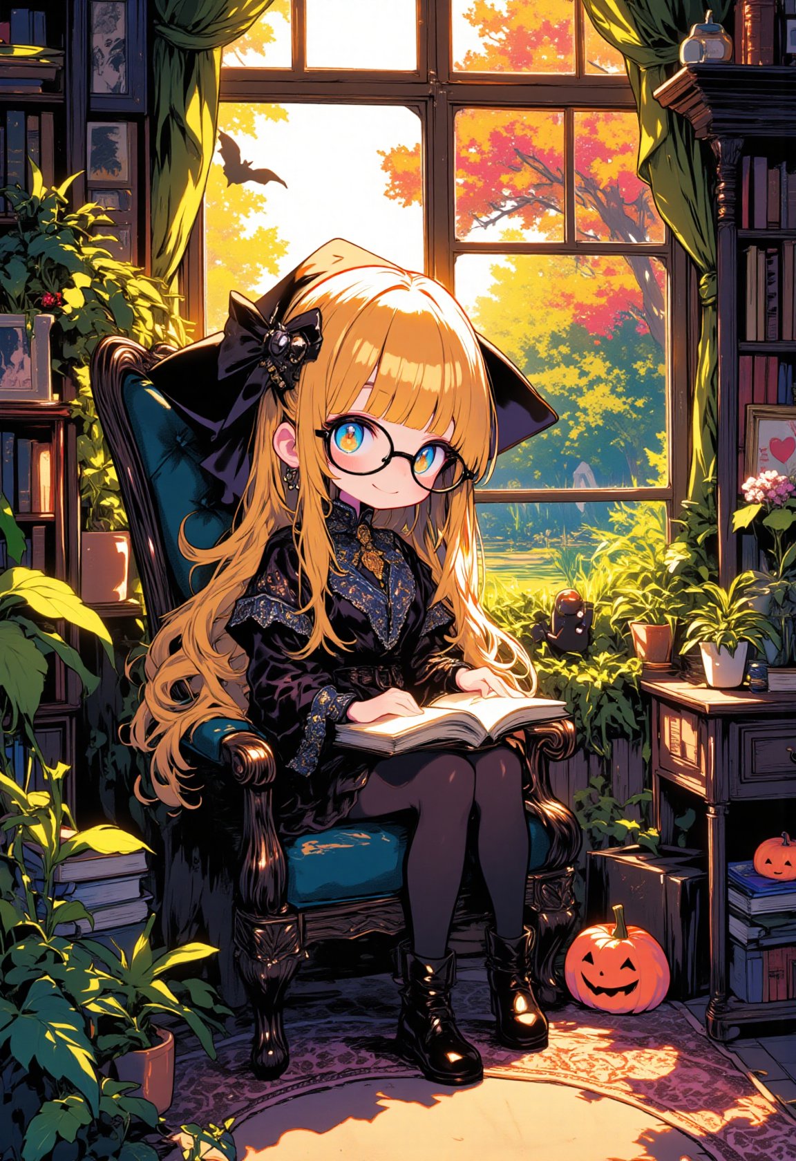 ink outline, fine detail rendered, color, horror style, a witch girl, chibi, adorable, cute, kawaii, full body, wide shot, The witch in black has very long blond hair, wears glasses, blue eyes, a black mini-length dress, black pantyhose, boots. A black witch is sitting in an antique chair by the window of a quaint room, reading a book. From the window, she can see a pond surrounded by beautifully colored trees. There are several unusual houseplants in the room and pictures on the walls. The bookshelf holds many books. There's one haunted pumpkin figurine on the floor. Warm afternoon sunlight shines through the window. The black witch is happily enjoying her afternoon. stunning embroidered dress, stunningly crafted jewelry, full body, fantastic, mysterious, most fashionable, most stylish, detailed background, every detail is rendered in superb detail, perfect composition, masterpiece, best quality, 8k, ultra-detailed, very clear, perfect anatomy, anatomically correct hands, beautiful face, beautiful eyes, detailed eyes, beautiful hair, detailed hair