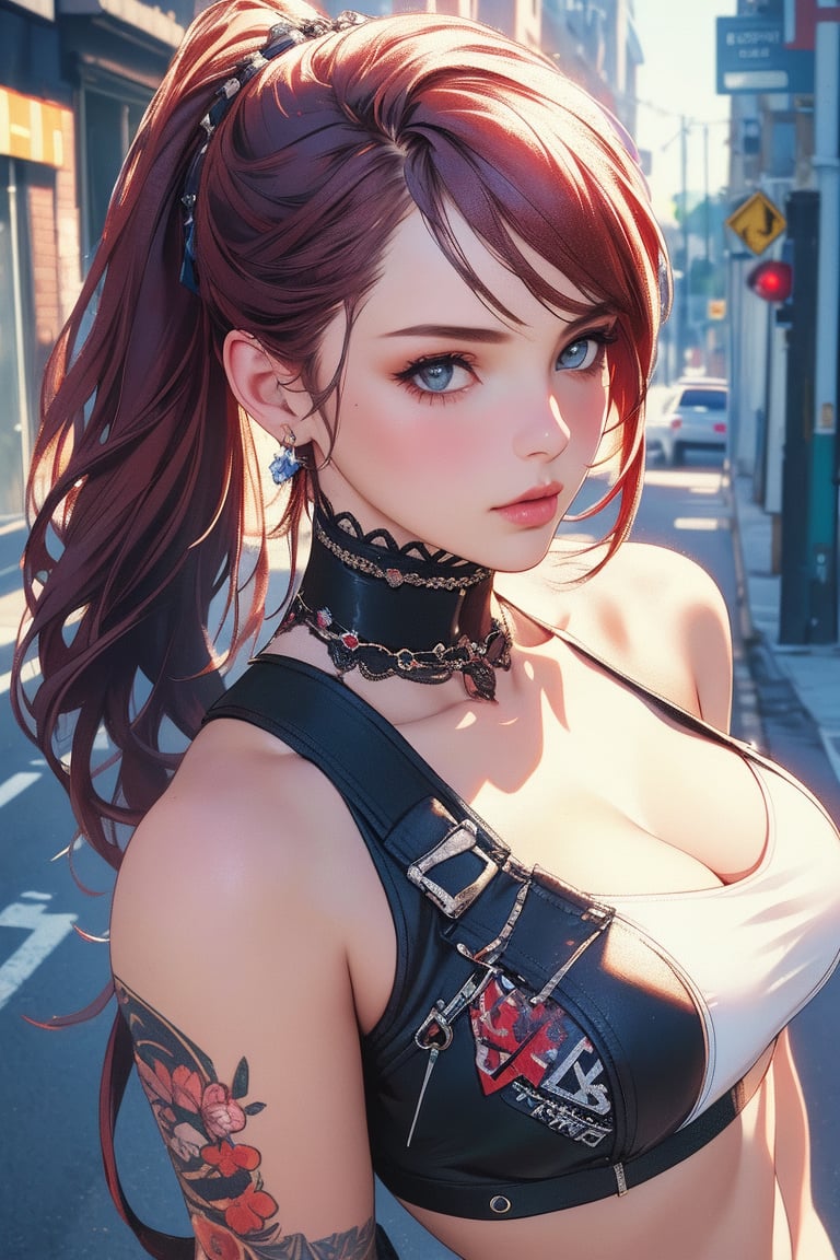 very clear and precise images, 1girl, very beautiful and excellent, punk fashon, street, summer, (illustration), (masterpiece:1.3), ((top quality, 8k, ultra-detailed)), (photorealistic:1.4), perfect anatomy, looking at viewer, cinematic angle