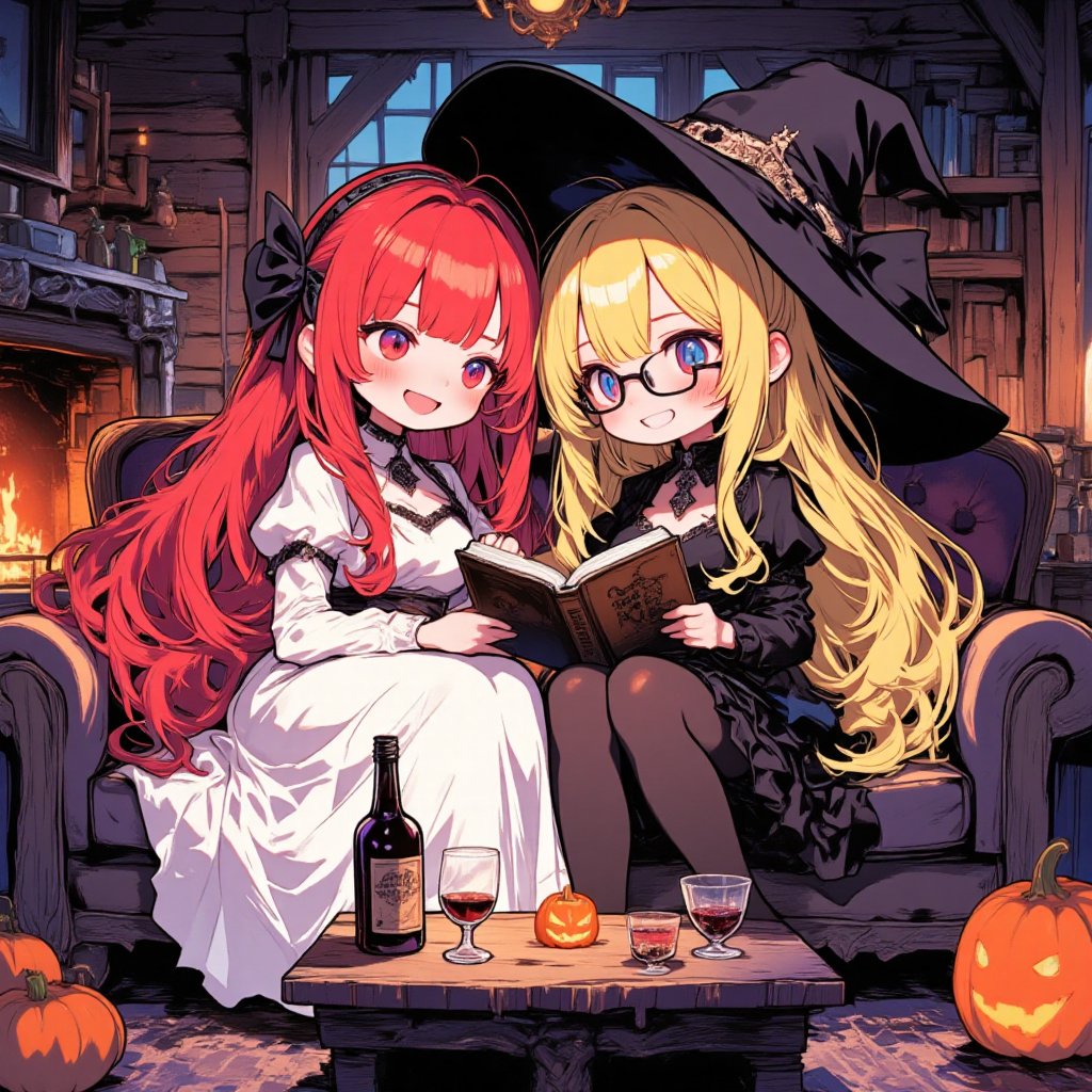 ink outline, fine detail rendered, colorful, horror style, chibi, Two witches, adorable, cute, kawaii, The witch in white has very long red hair, red eyes, wearing a long white dress. The witch in black has very long blond hair, wears glasses, blue eyes, a black mini-length dress, black pantyhose. An old log house with a warm fireplace. The white witch is sleeping happily with her head on the lap of the black witch who is sitting on the sofa reading a book. On the wooden table in front of them are a bottle of alcohol, glasses for both of them, and a haunted pumpkin candle. Neither of them is wearing a hat. They look very close and happy. stunning embroidered dress, stunningly crafted jewelry, full body, fantastic, mysterious, most fashionable, most stylish, dark background, detailed background, every detail is rendered in superb detail, perfect composition, masterpiece, best quality, 8k, ultra-detailed, very clear, perfect anatomy, anatomically correct hands, beautiful face, beautiful eyes, detailed eyes, beautiful hair, detailed hair