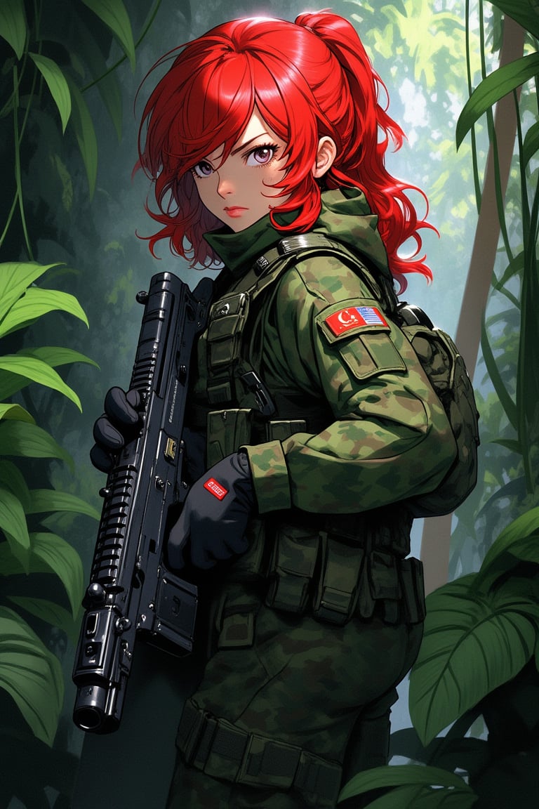 1girl, (adorable, cute, kawaii), (plump), special forces, serious expression, standing, full body, holding an assault rifle with both hands, looking at viewer, red hair, ponytail, camouflage patterned combat uniforms, deep jungle, perfect detail, incredible detail, ultimate detail, detailed background, masterpiece, best quality, 8k, ultra-detailed, very clear, perfect anatomy, anatomically correct hands, detailed hair, detailed eyes, beautiful face, beautiful eyes