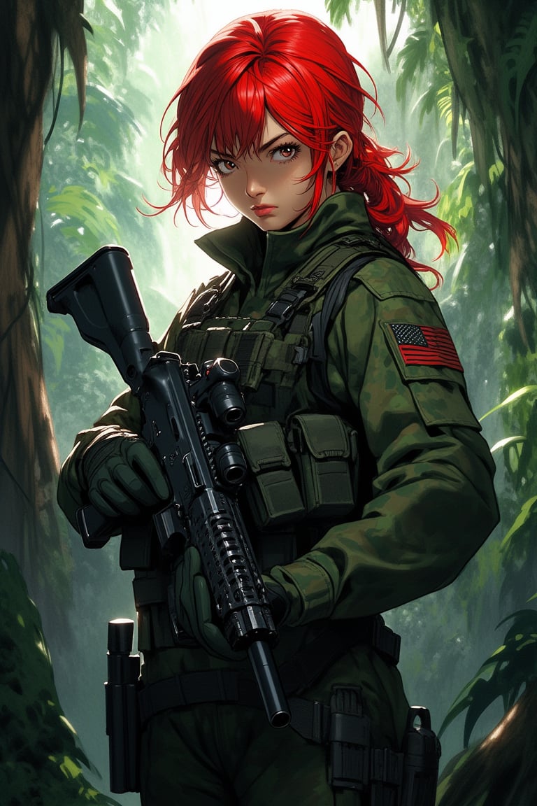 1girl, beautiful, serious expression, special forces, standing, full body, holding an assault rifle with both hands, looking at viewer, red hair, ponytail, camouflage patterned combat uniforms, deep jungle, perfect detail, incredible detail, ultimate detail, detailed background, masterpiece, best quality, 8k, ultra-detailed, very clear, perfect anatomy, anatomically correct hands, detailed hair, detailed eyes, beautiful face, beautiful eyes