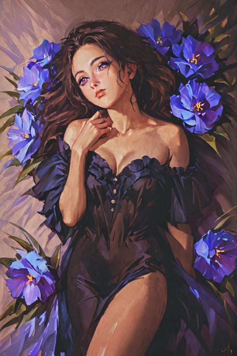 (masterpiece:1.3), ((highest quality, 8k, ultra-detailed, realistic)), extremely detailed, perfect anatomy, beautifully detailed eyes. realistic hair. realistic and moisturized skin, a beautiful young woman in black dress, lying on the bed, many flowers, baroque style, dramatic representation of light and shadow, (chiaroscuro:1.3)