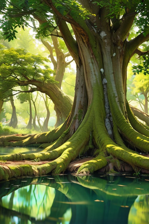 ((masterpiece, best quality, 8k, ultra-detailed, photo-realistic)), RAW photo, ancient tree tree growing in a pond, (incredibly detailed foliage, The texture of the trunk is incredibly detailed, The boldly undulating trunks, Large spreading branches), Mossy soil, The reflection of the water surface is very beautiful, cinematic lighting, cinematic shadows, fantastic, mysterious