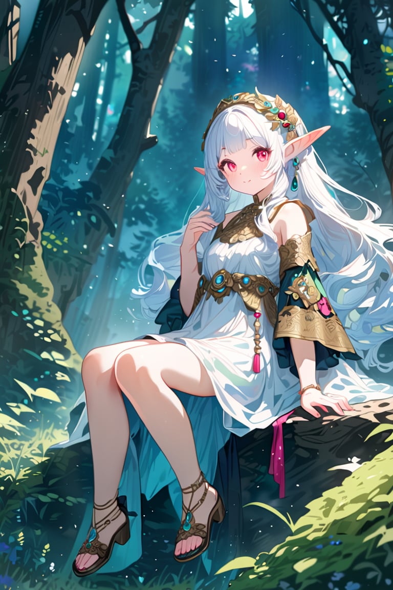 watercolor, 1girl, (elf:1.4), sitting on a rock, looking at viewer, (((cute, kawaii))), white hair, long hair, red eyes, white dress, sandals, deep forest, stunningly crafted ornaments, detailed background, fantastic, mysterious, perfect composition, (masterpiece:1.3), ((best quality, 8k, ultra-detailed, very clear)), perfect anatomy, anatomically correct hands, detailed hair, delicate hair expression, detailed eyes, beautiful face, beautiful eyes, extremely stylish, The most fashionable, perfect hand description