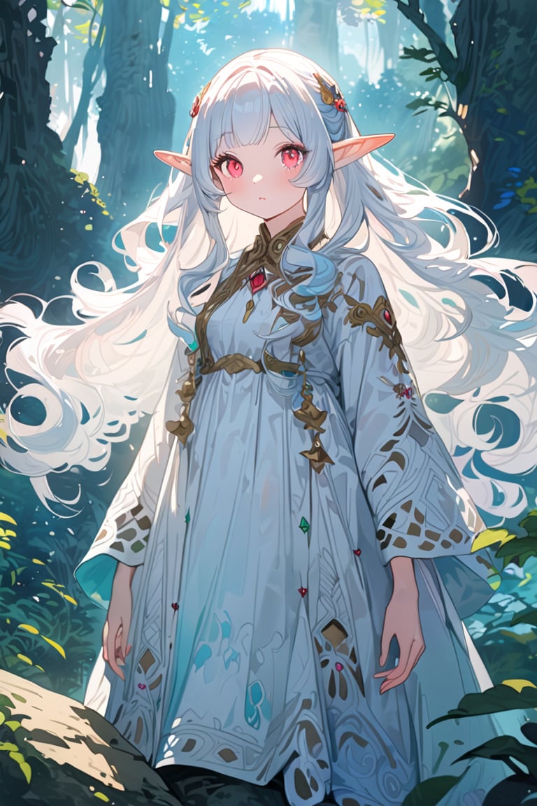 watercolor, 1girl, (elf:1.4), sitting on a rock, looking at viewer, (((cute, kawaii))), white hair, long hair, red eyes, white dress, sandals, deep forest, stunningly crafted ornaments, detailed background, fantastic, mysterious, perfect composition, (masterpiece:1.3), ((best quality, 8k, ultra-detailed, very clear)), perfect anatomy, anatomically correct hands, detailed hair, delicate hair expression, detailed eyes, beautiful face, beautiful eyes, extremely stylish, The most fashionable, perfect hand description