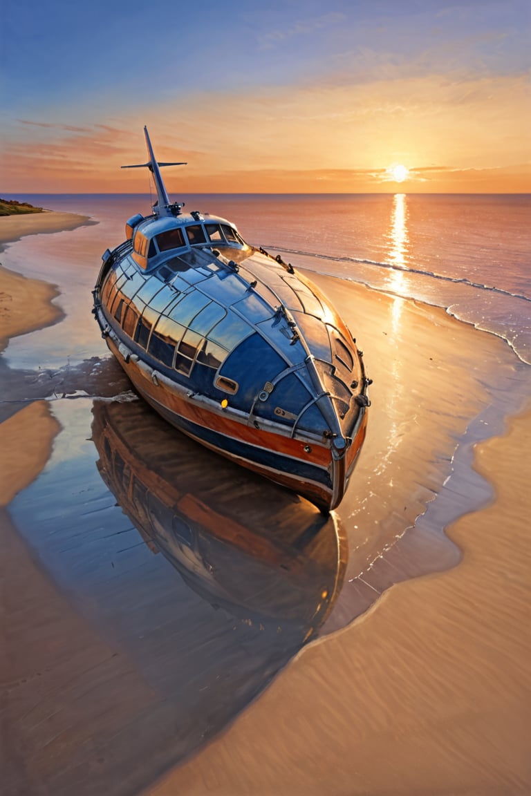 a aircraft carrierr stranded on a sandy beach, The hull has weathered considerably over the years, The reflection of the sunset is very beautiful, calm sea, fantastic, (masterpiece, best quality, ultra-detailed, very clear)