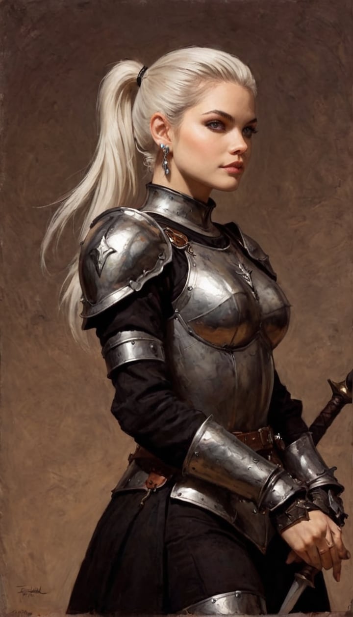 art by Frank Frazetta, a masterpiece, stunning beauty (mix of AJ Cook and Barbara Palvin), white hair, gothic fantasy armour, hair in ponytail, earrings, a proud Knight