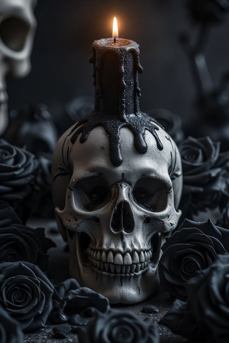 Realistic skull with a melted black candle on top of it. On a desk surrounded by black roses