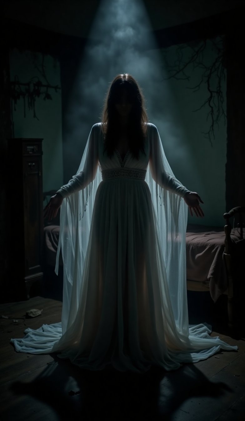 Create an image of a mysterious female figure shrouded in a tattered, flowing white dress standing with outstretched arms. The figure's face should be obscured by darkness, giving it an enigmatic presence. The background should feature a dark bedroom. The overall atmosphere should be dark and foreboding, evoking a sense of horror and otherworldly mystique,VNS_Add more details,aidmaabdhr