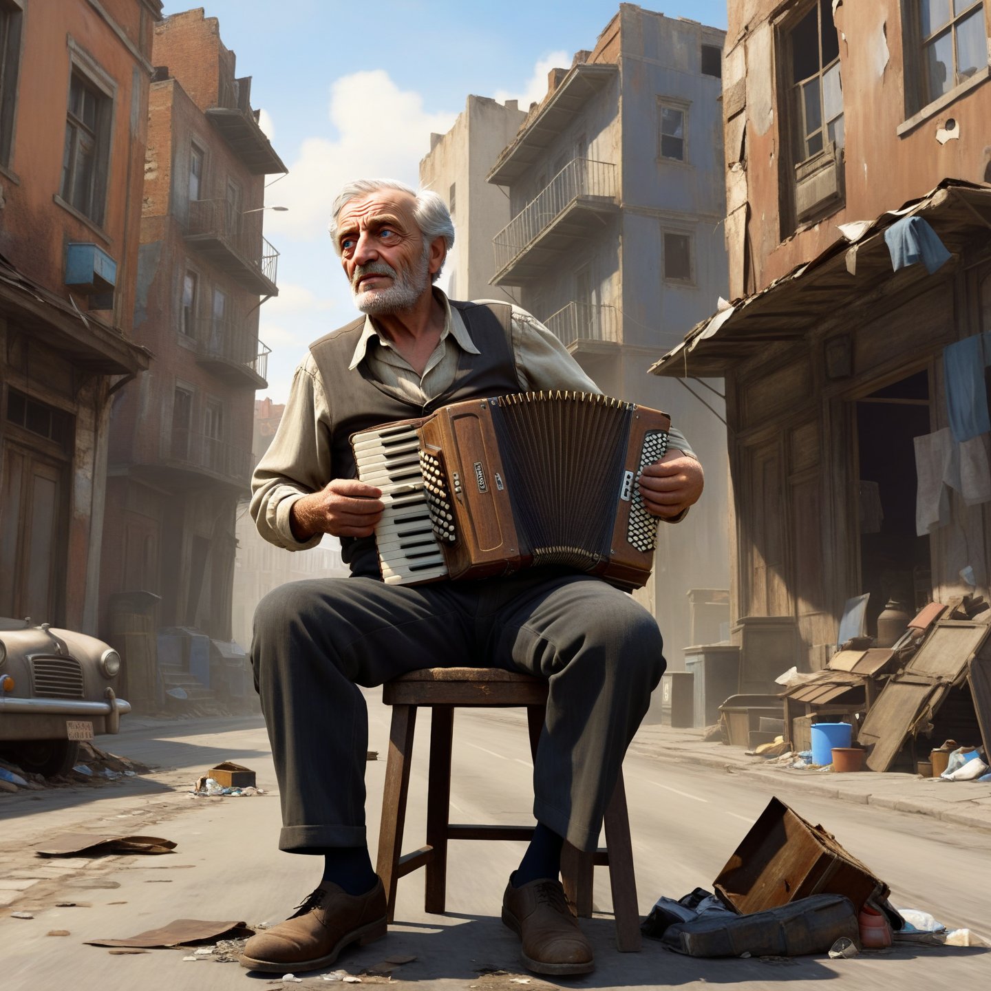 (((digital art)))
Portrait of a man. City, shabby buildings, rusty cars, garbage and dirt. An old man with a charismatic face is sitting on an old wooden chair in the middle of the street. The face shows sadness and nostalgia for the lived life. A man plays the accordion. He has blue eyes. He looks at the viewer. He is dressed in a torn shirt and dirty pants. An airship hovers over the city. Inspired by Stanley Kubrick, Tarkovsky, Parajanov, Storar, Roger Deakins.