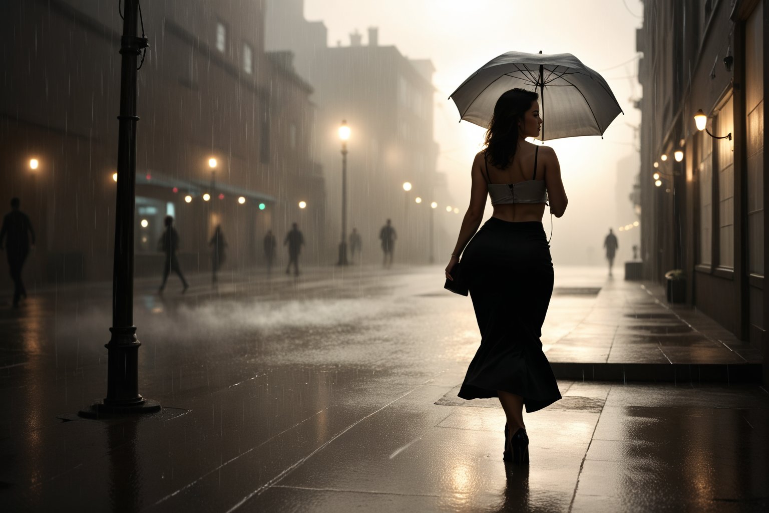 (((photorealistic))) (((cinematic art)))
---
woman, huge hips, heel high, long skirt, (((walking)))
---
captured with ((ilford expired fp4 plus 125 film)), (smooth shinning of intime light from side), (((((lights and shadows))))) ((((silhouettes)))), (((rain))) a dimly lit street with a bright spotlight shining down from above, creating a dramatic and moody atmosphere, sharp, very detailed, high resolution, cinematic, natural beauty