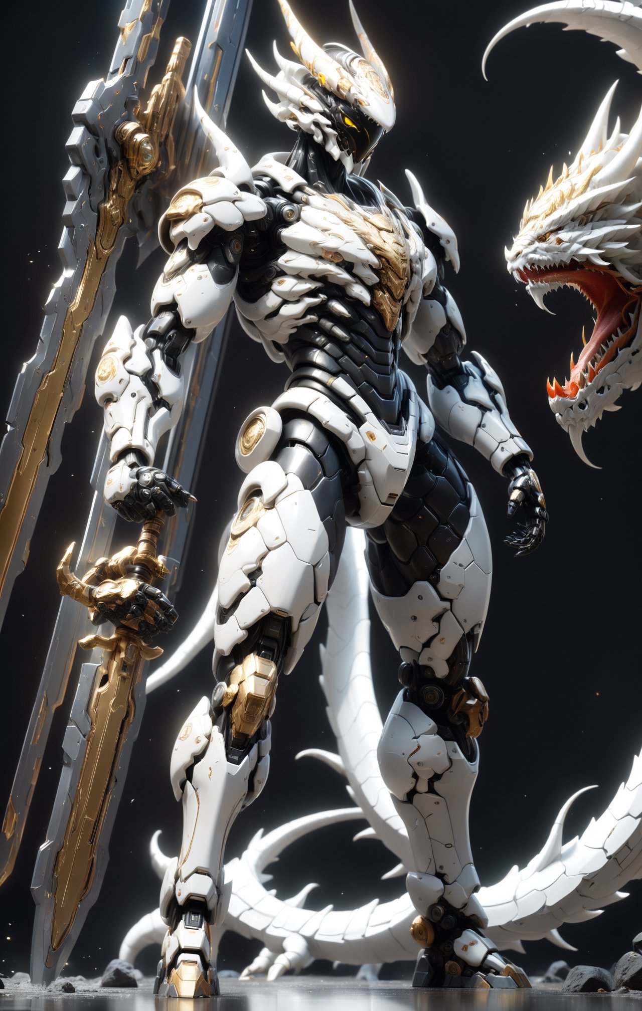 An white dragon Robot Mecha Soldier,  Wearing Futuristic gold and black Soldier Armor and Weapons,  holding the big sword...