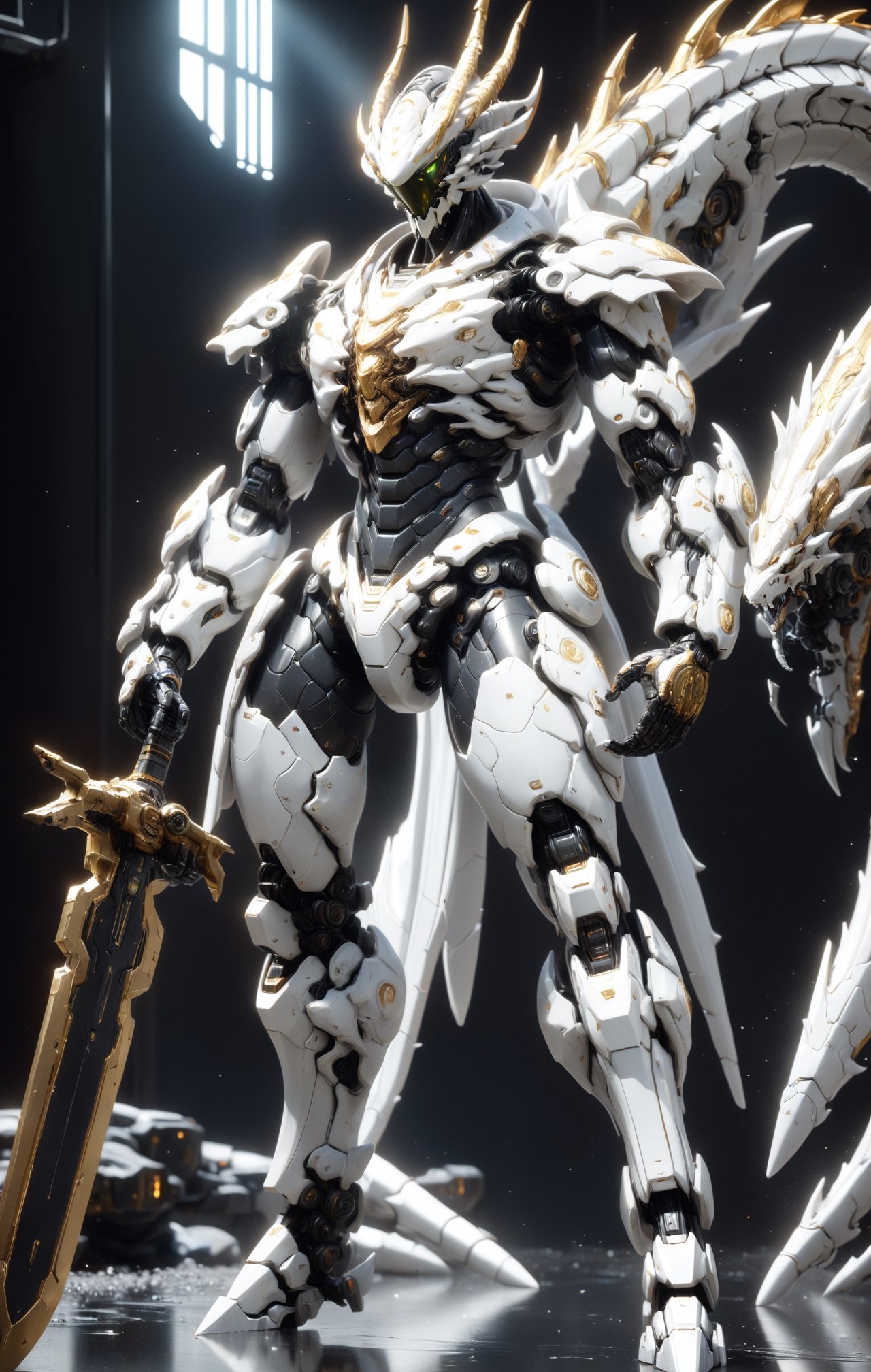 An white dragon Robot Mecha Soldier,  Wearing Futuristic gold and black Soldier Armor and Weapons,  holding the big sword...