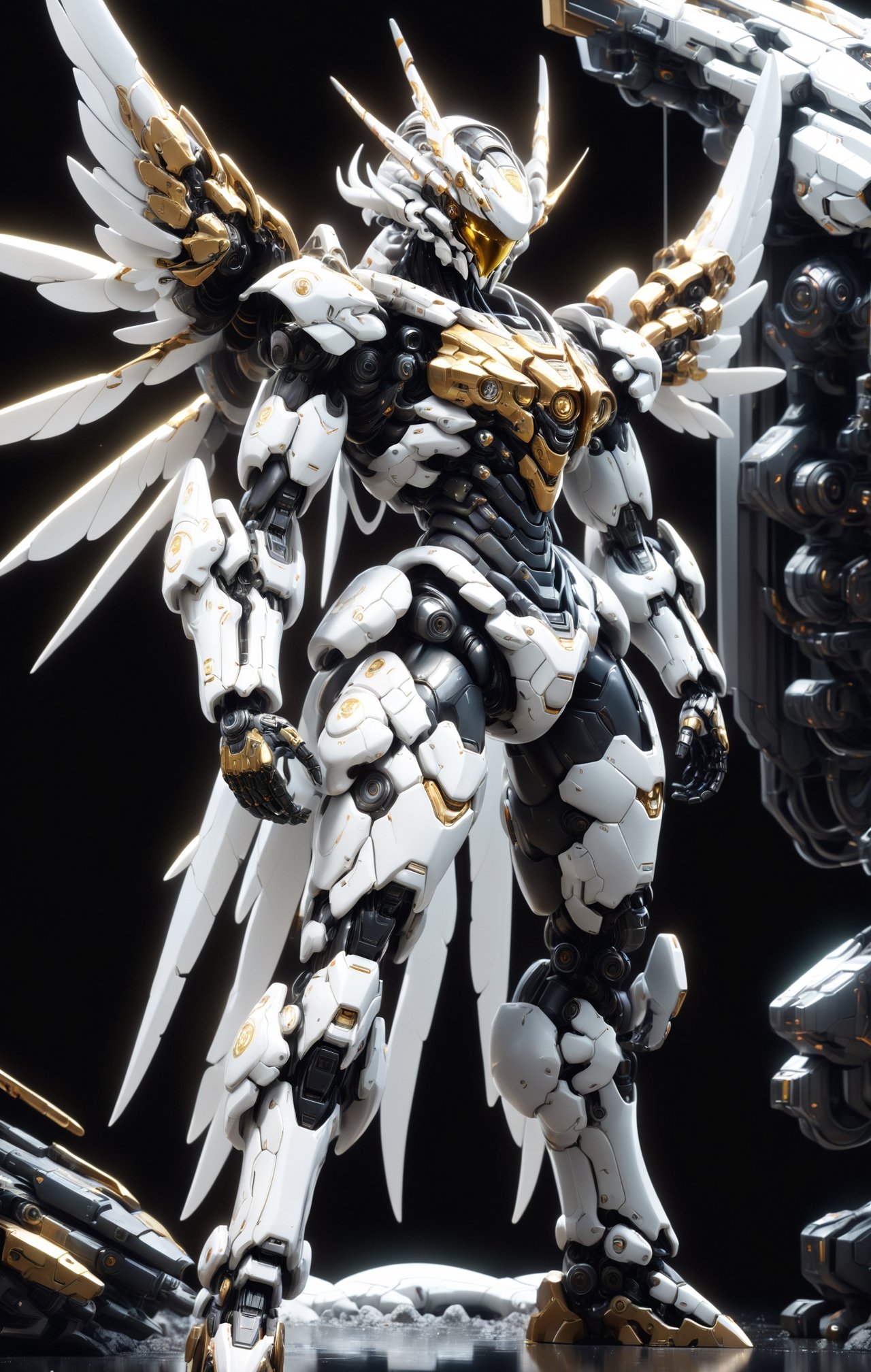 An white dragonic robot mecha soldier,  wearing futuristic gold and black soldier armor and weapons,  mechanical wing by Z...