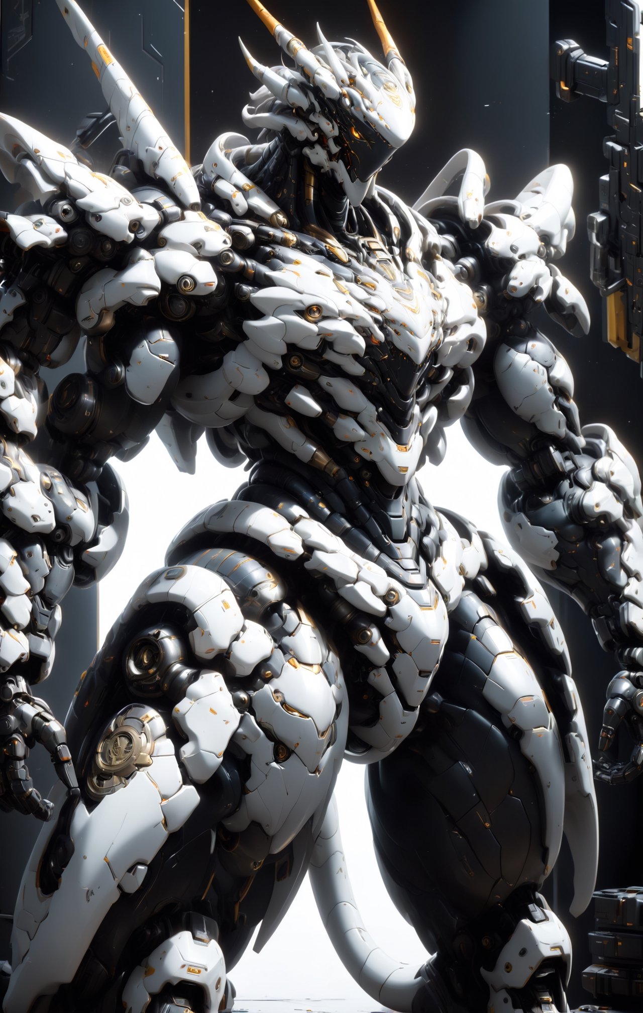 An white dragon Robot Mecha Soldier,  Wearing Futuristic gold and black Soldier Armor and Weapons,  sitting by ZERO on Ten...