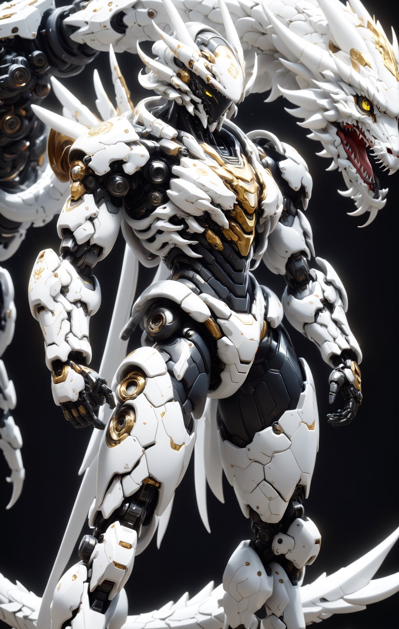 An white dragon Robot Mecha Soldier,  Wearing Futuristic gold and black Soldier Armor and Weapons,  front view by ZERO on...