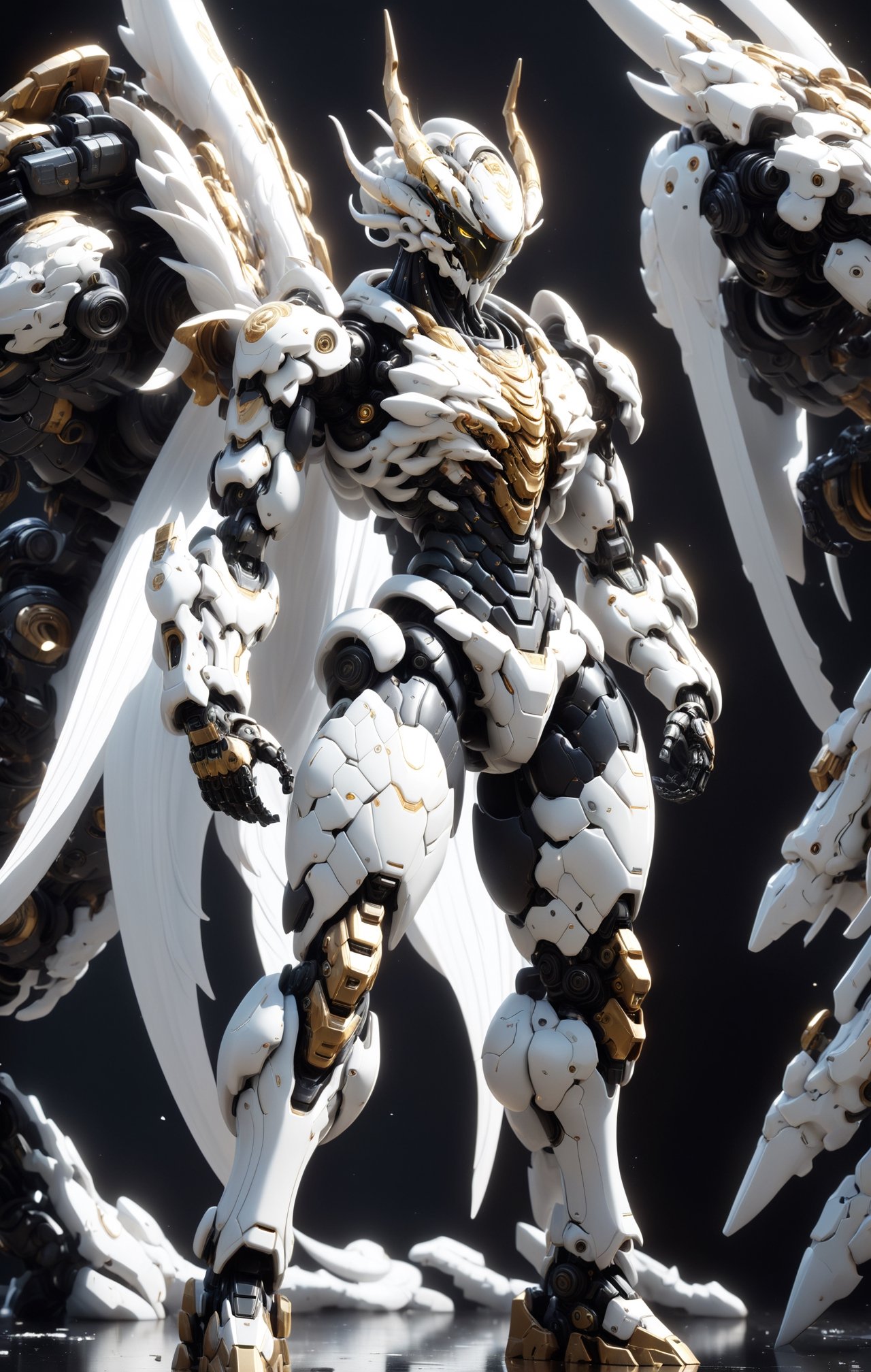 An white dragon Robot Mecha Soldier,  Wearing Futuristic gold and black Soldier Armor and Weapons,  front view by ZERO on...