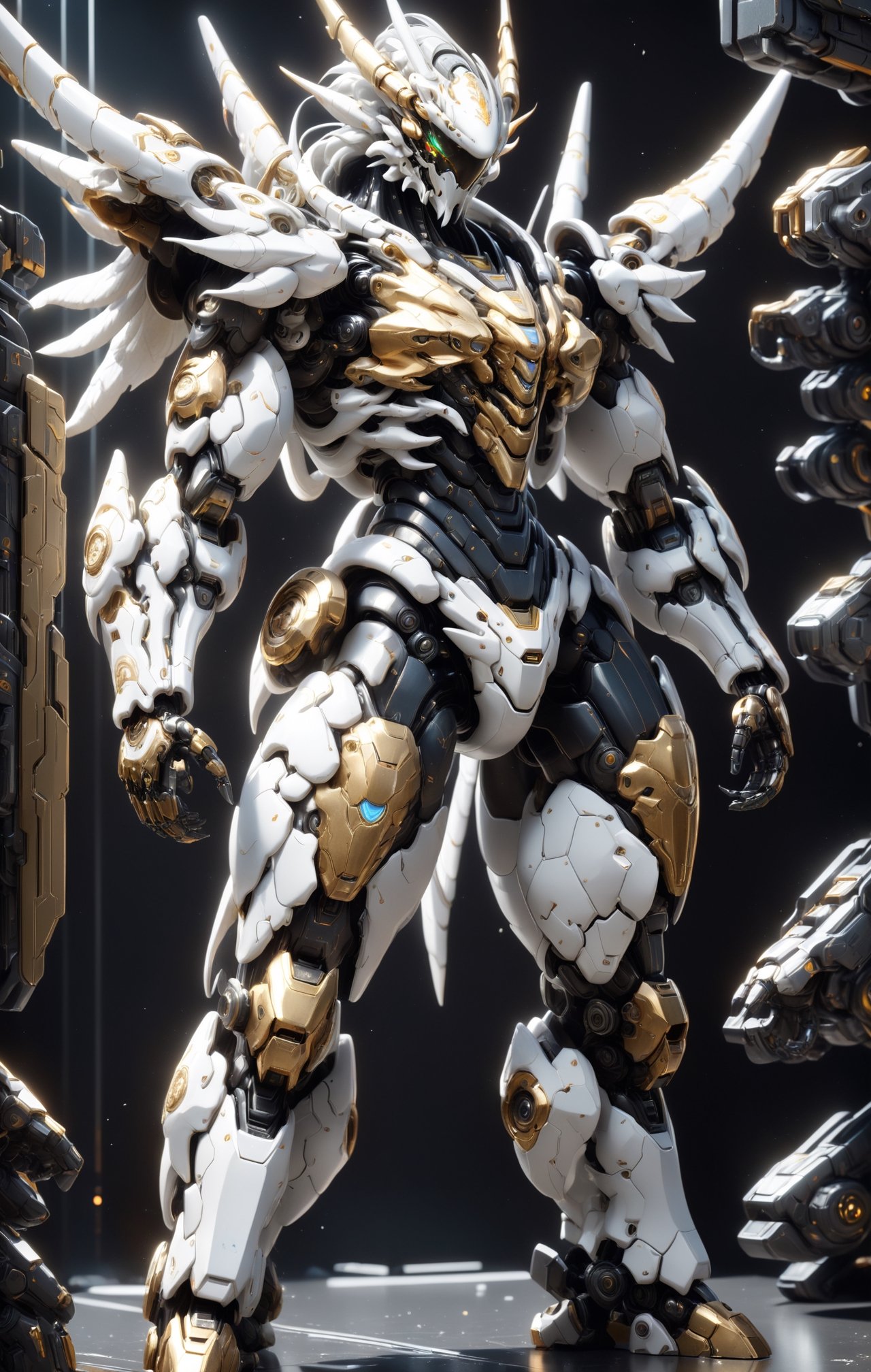 An white dragon Robot Mecha Soldier,  Wearing Futuristic gold and black Soldier Armor and Weapons,  front view by ZERO on...