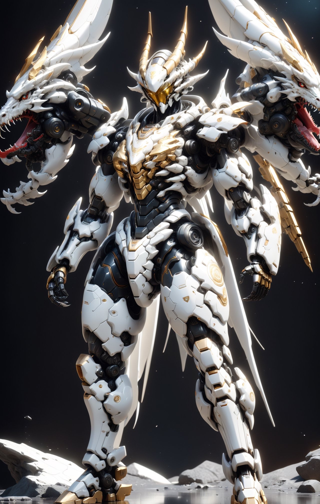An white dragon Robot Mecha Soldier,  Wearing Futuristic gold and black Soldier Armor and Weapons,  front view by ZERO on...