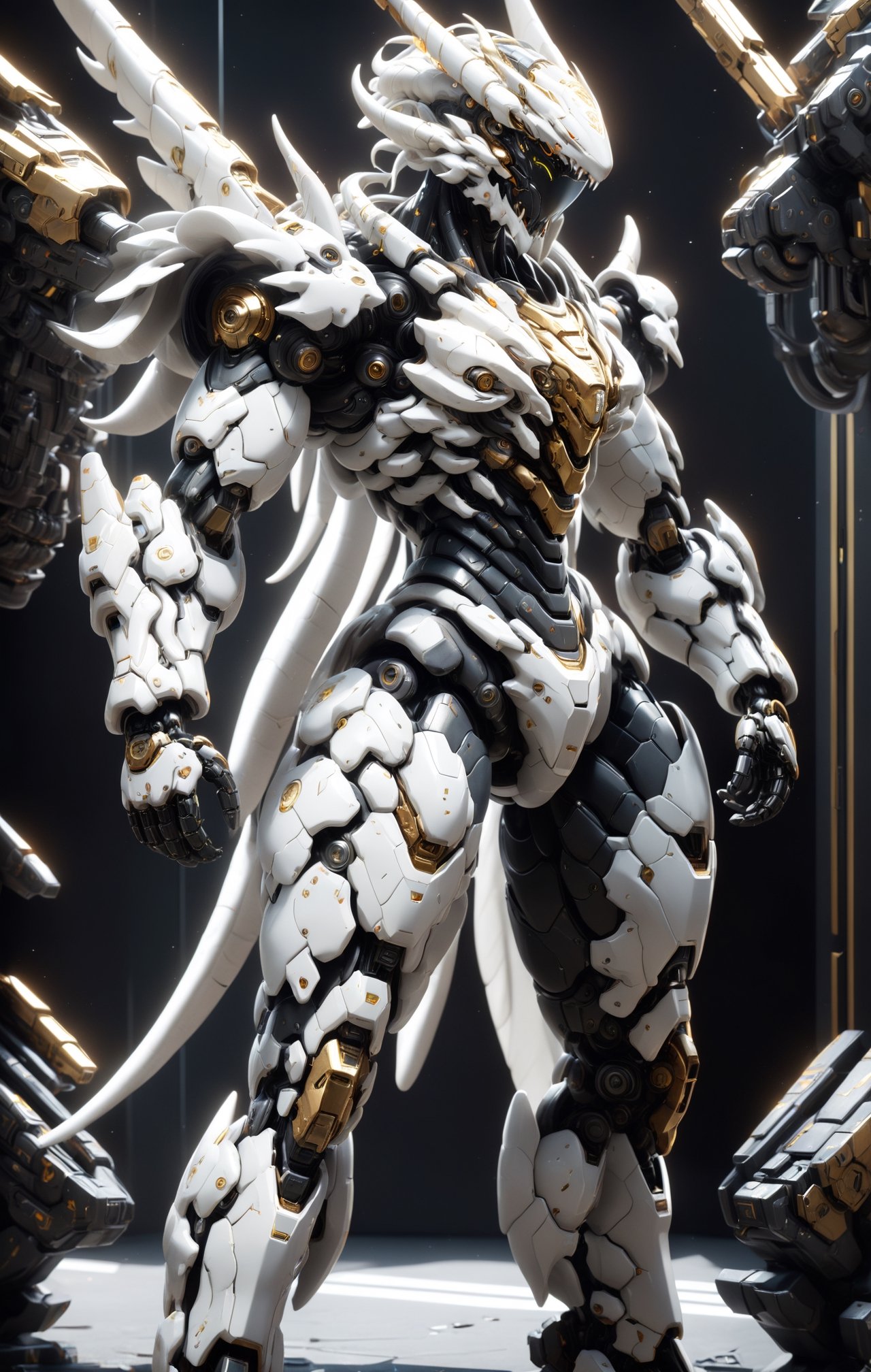An white dragon Robot Mecha Soldier,  Wearing Futuristic gold and black Soldier Armor and Weapons,  front view by ZERO on...