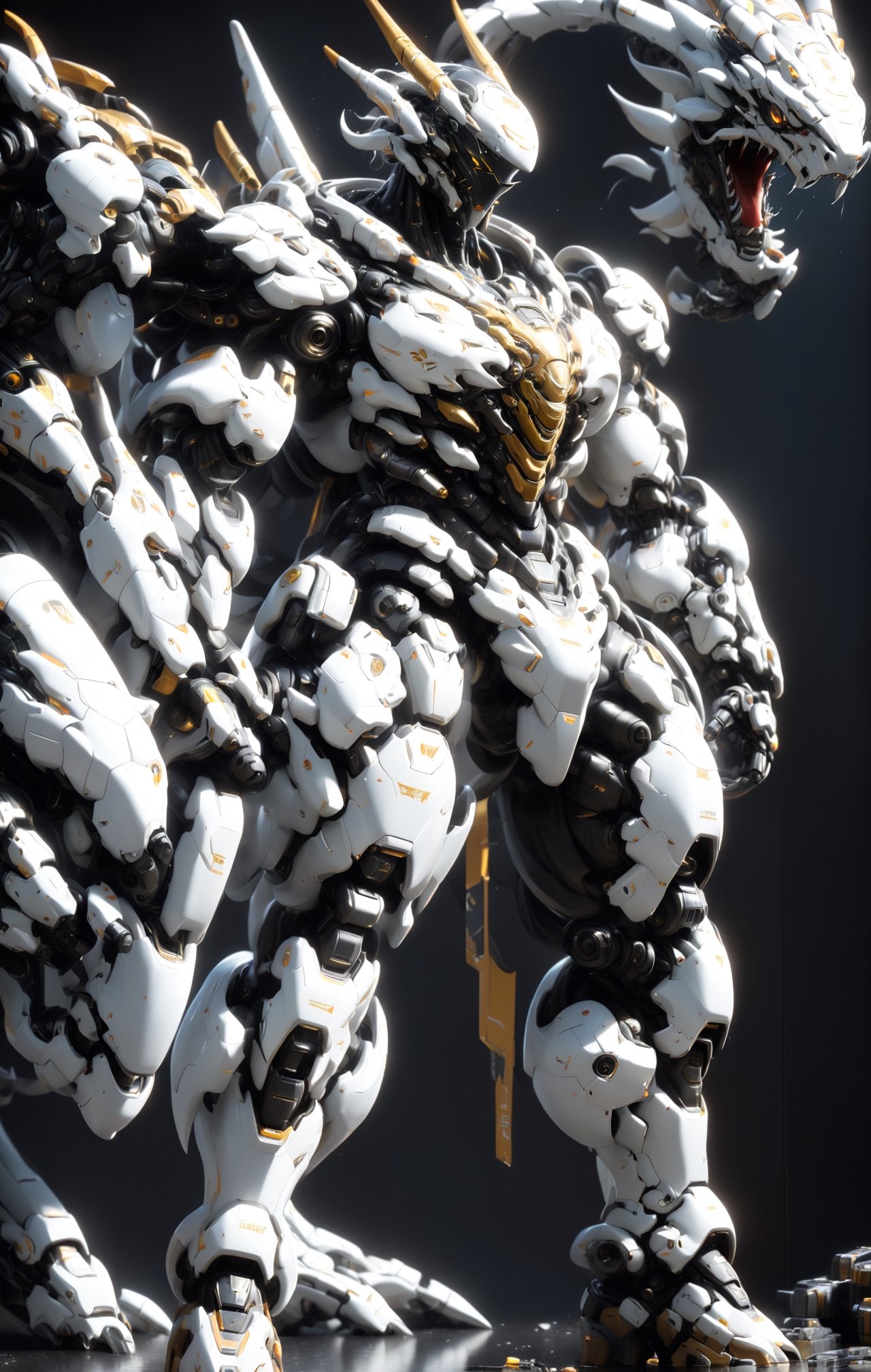 An white dragon Robot Mecha Soldier,  Wearing Futuristic gold and black Soldier Armor and Weapons,  sitting by ZERO on Ten...