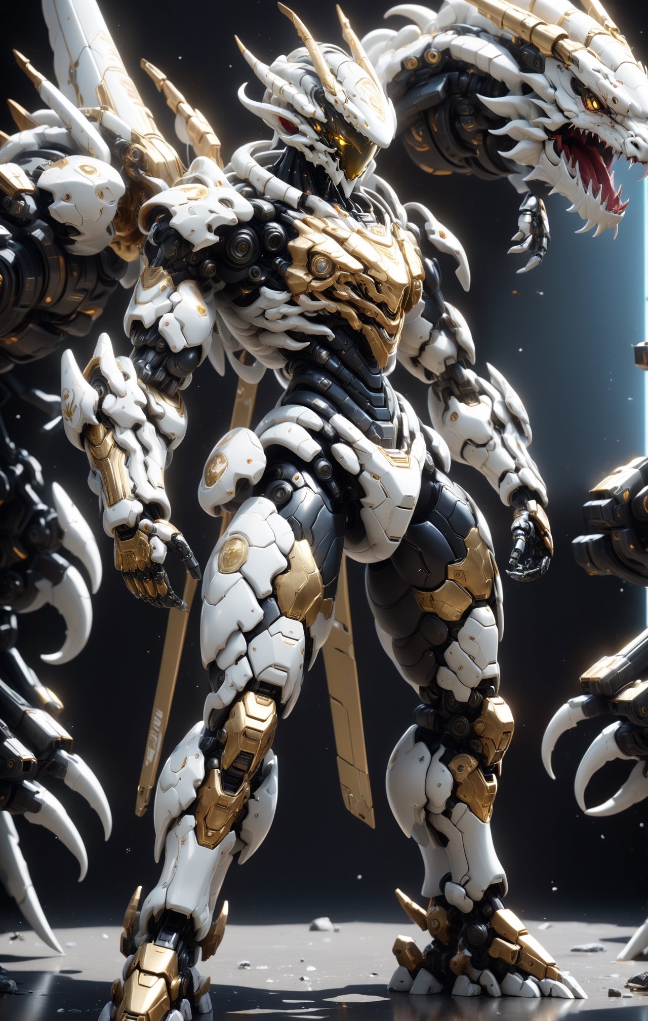 An white dragon Robot Mecha Soldier,  Wearing Futuristic gold and black Soldier Armor and Weapons,  front view by ZERO on...