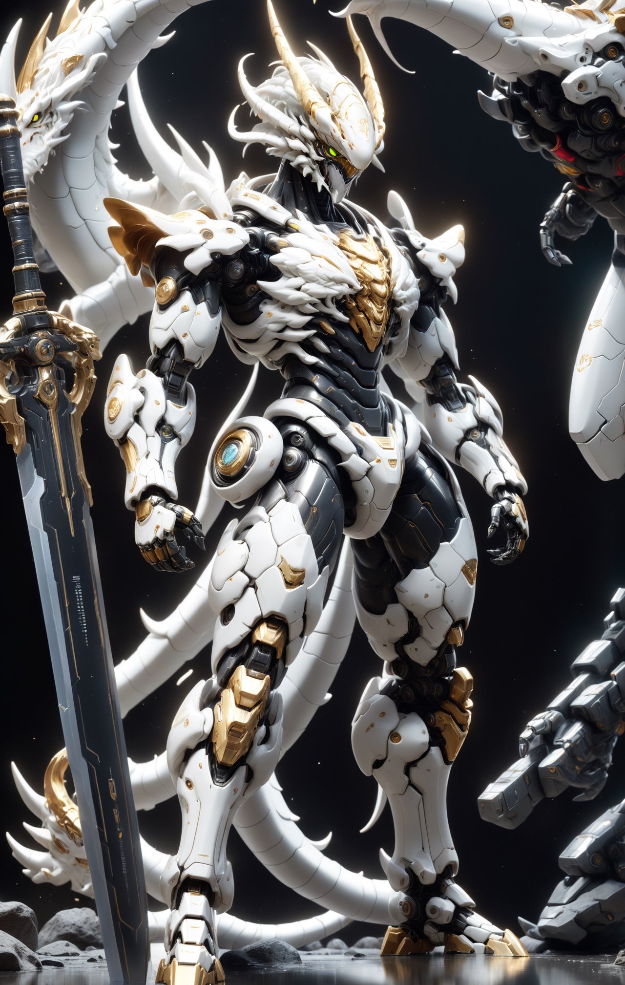 An white dragon Robot Mecha Soldier,  Wearing Futuristic gold and black Soldier Armor and Weapons,  holding the big sword...