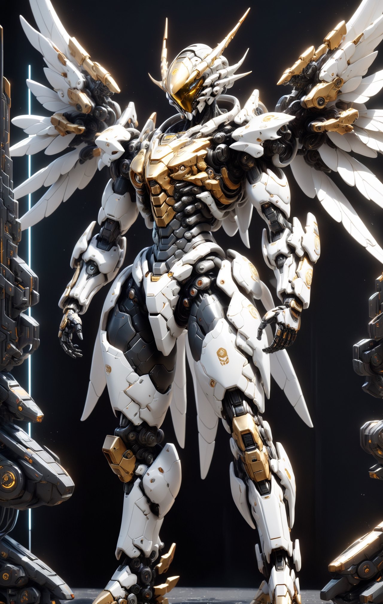 An white dragonic robot mecha soldier,  wearing futuristic gold and black soldier armor and weapons,  mechanical wing by Z...