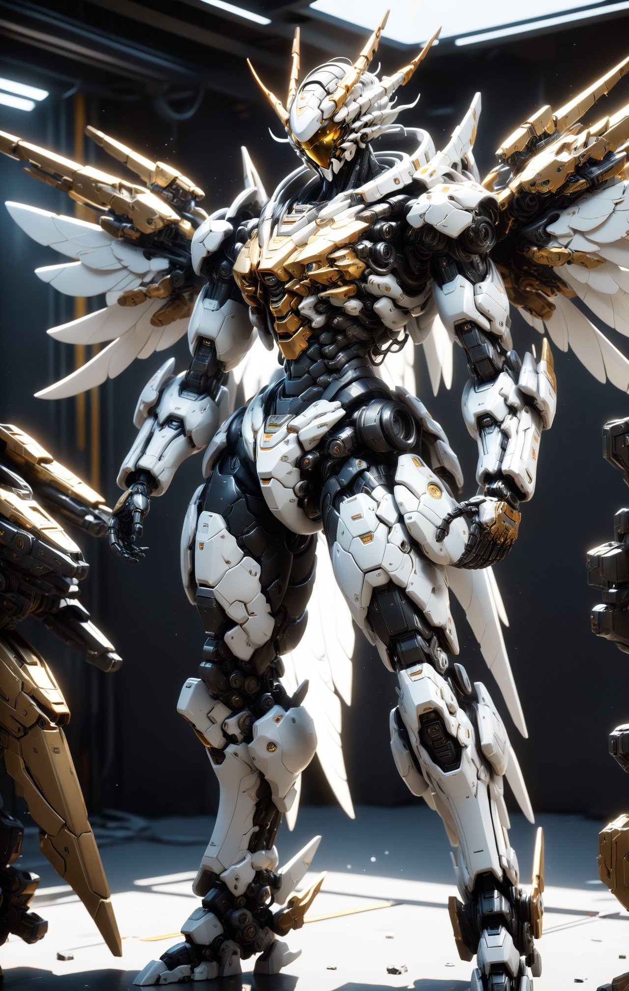 An white dragonic robot mecha soldier,  wearing futuristic gold and black soldier armor and weapons,  mechanical wing by Z...