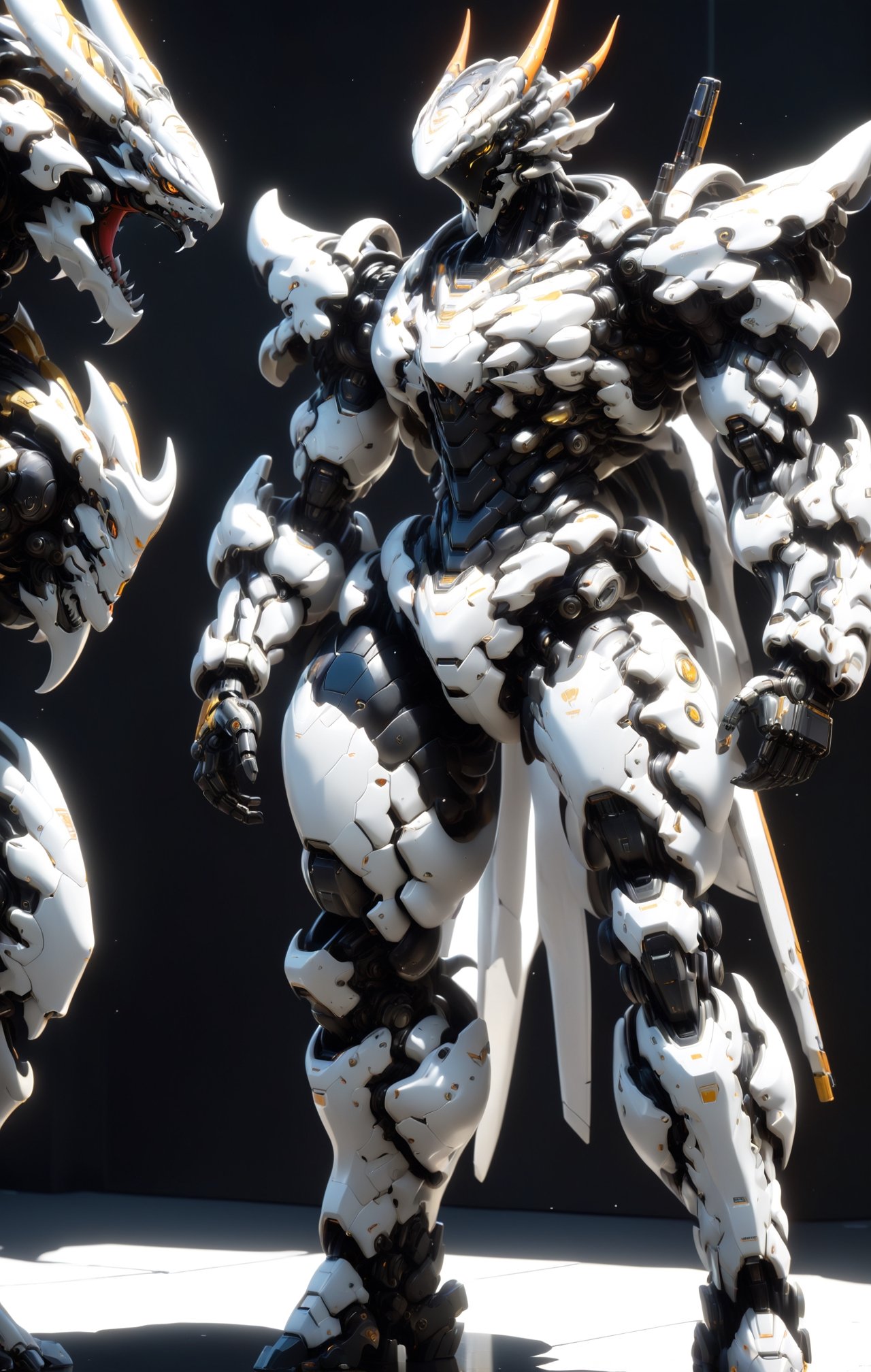 An white dragon Robot Mecha Soldier,  Wearing Futuristic gold and black Soldier Armor and Weapons,  sitting by ZERO on Ten...