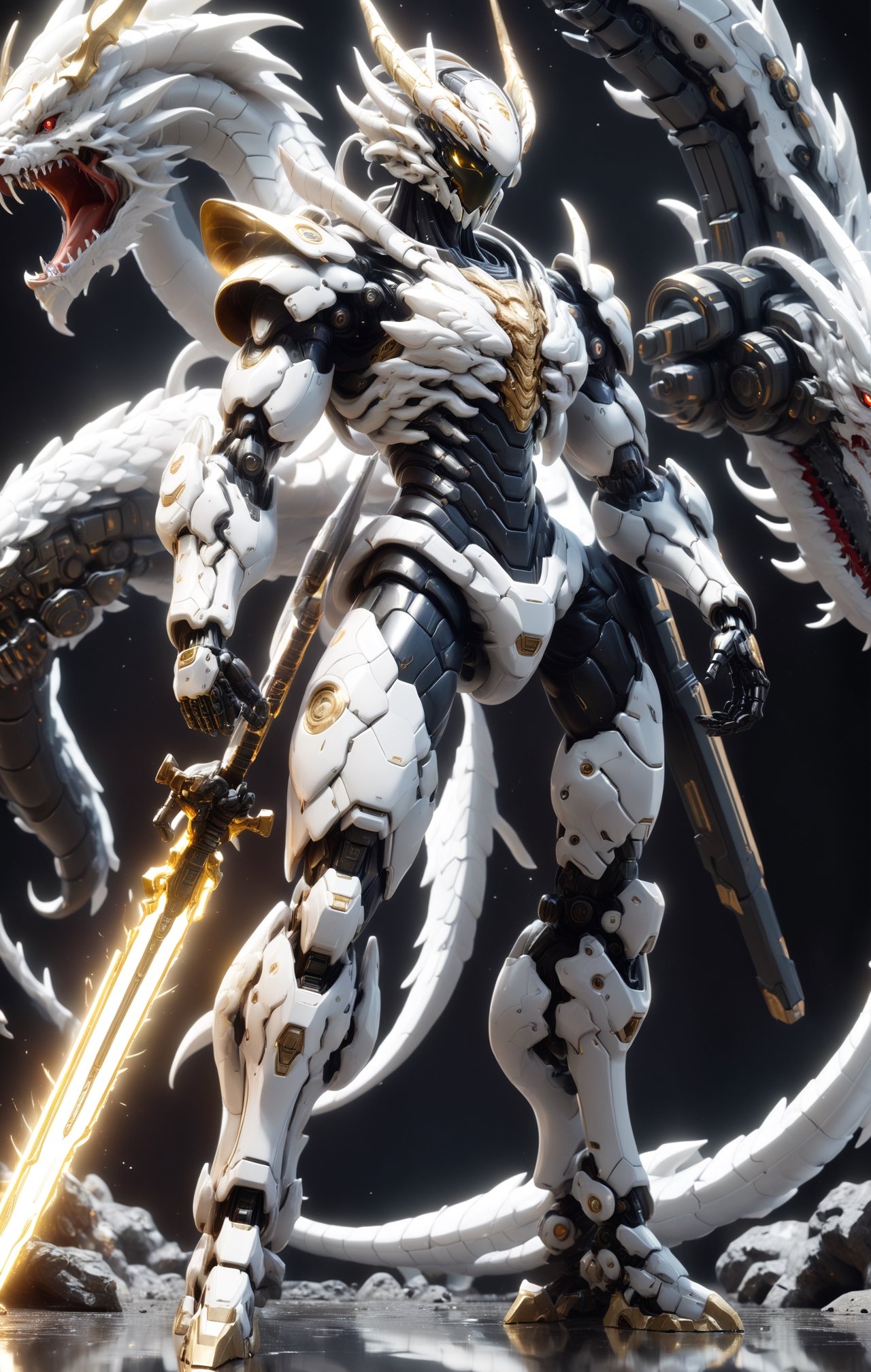 An white dragon Robot Mecha Soldier,  Wearing Futuristic gold and black Soldier Armor and Weapons,  holding the big sword...