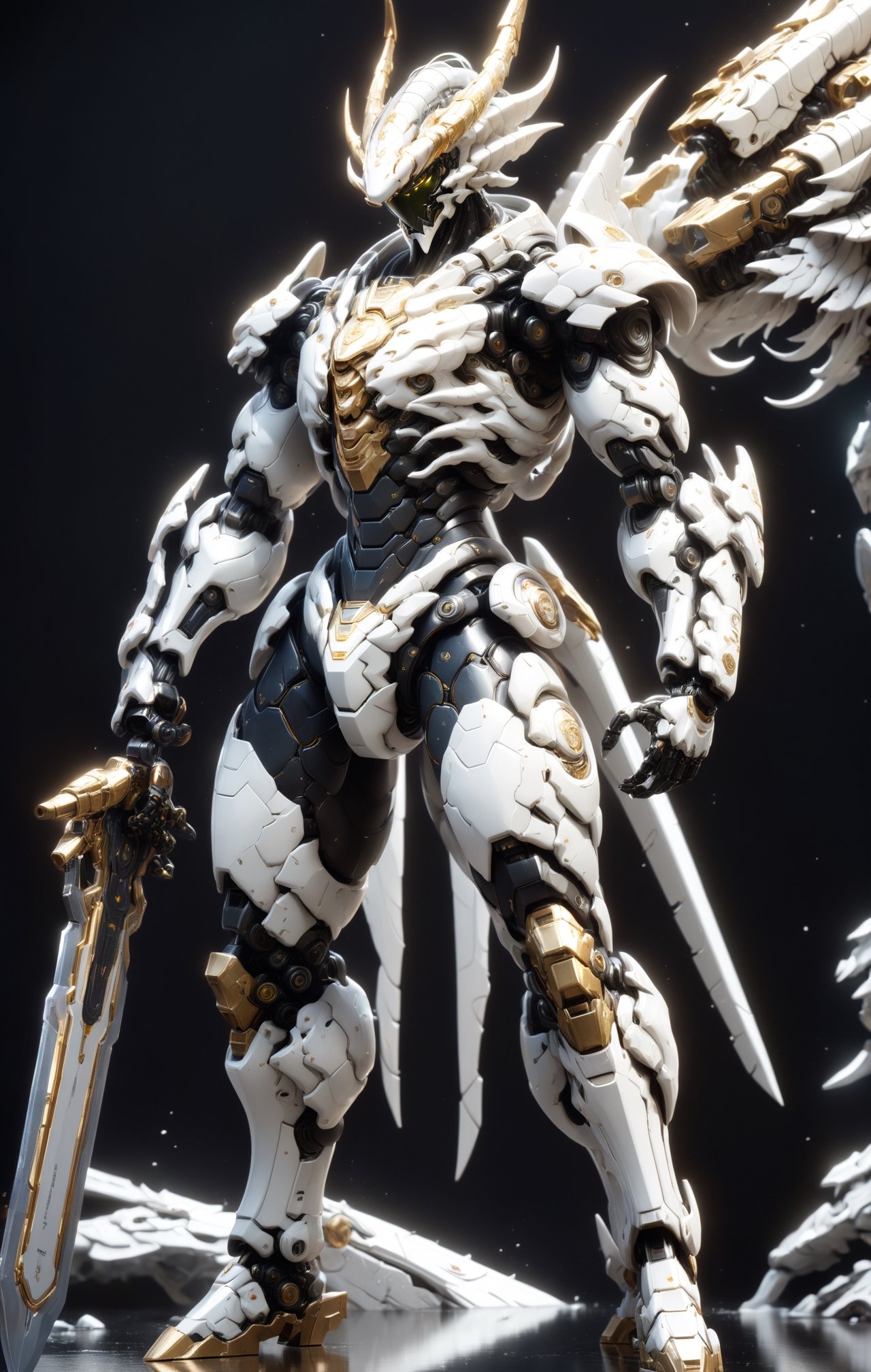An white dragon Robot Mecha Soldier,  Wearing Futuristic gold and black Soldier Armor and Weapons,  holding the big sword...