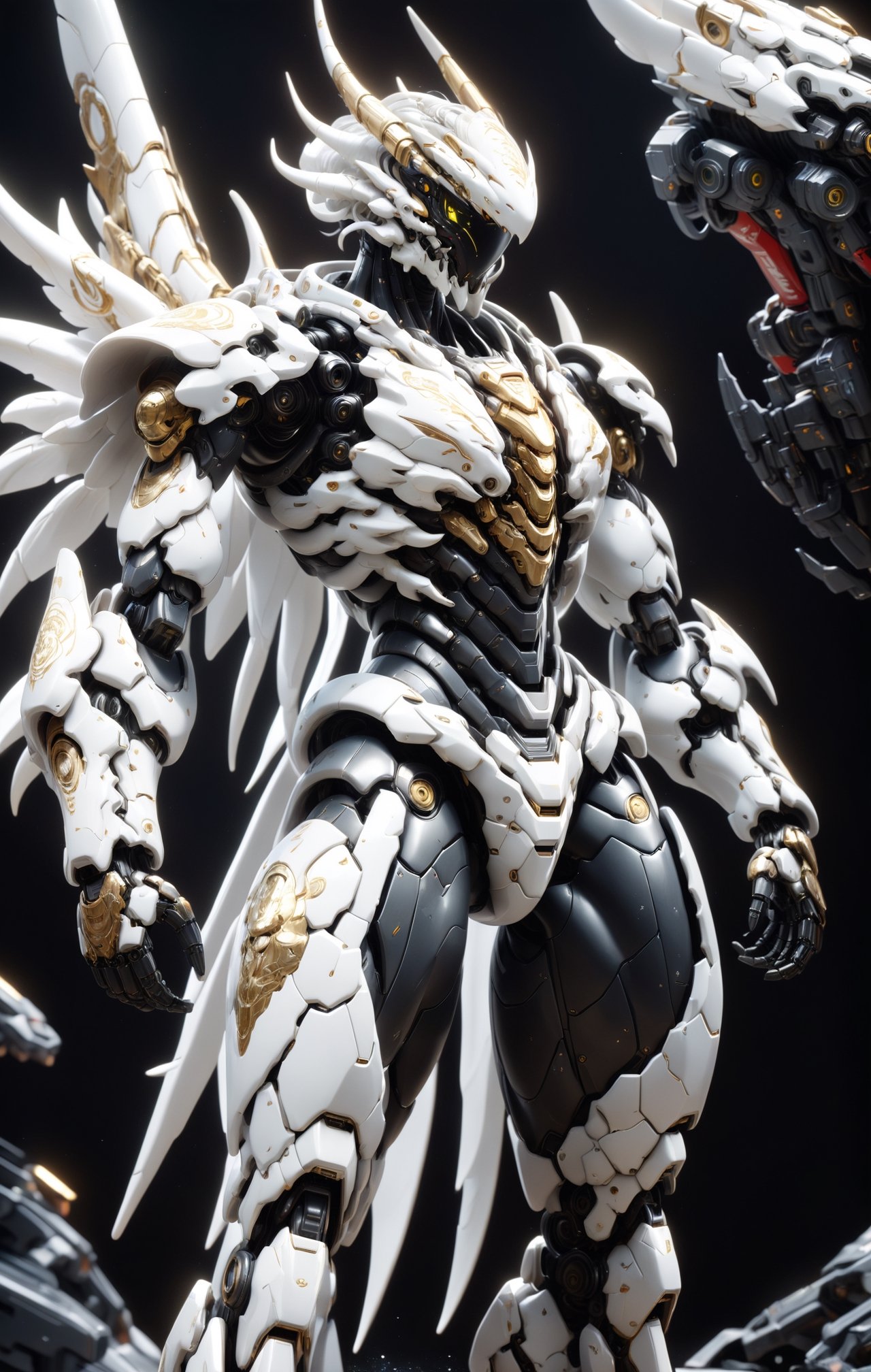 An white dragon Robot Mecha Soldier,  Wearing Futuristic gold and black Soldier Armor and Weapons,  front view by ZERO on...