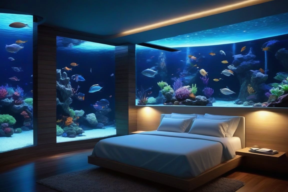 Aquarium underwater bedroom,  modern futuristic,  vibrant by zzz1 on Tensor.Art