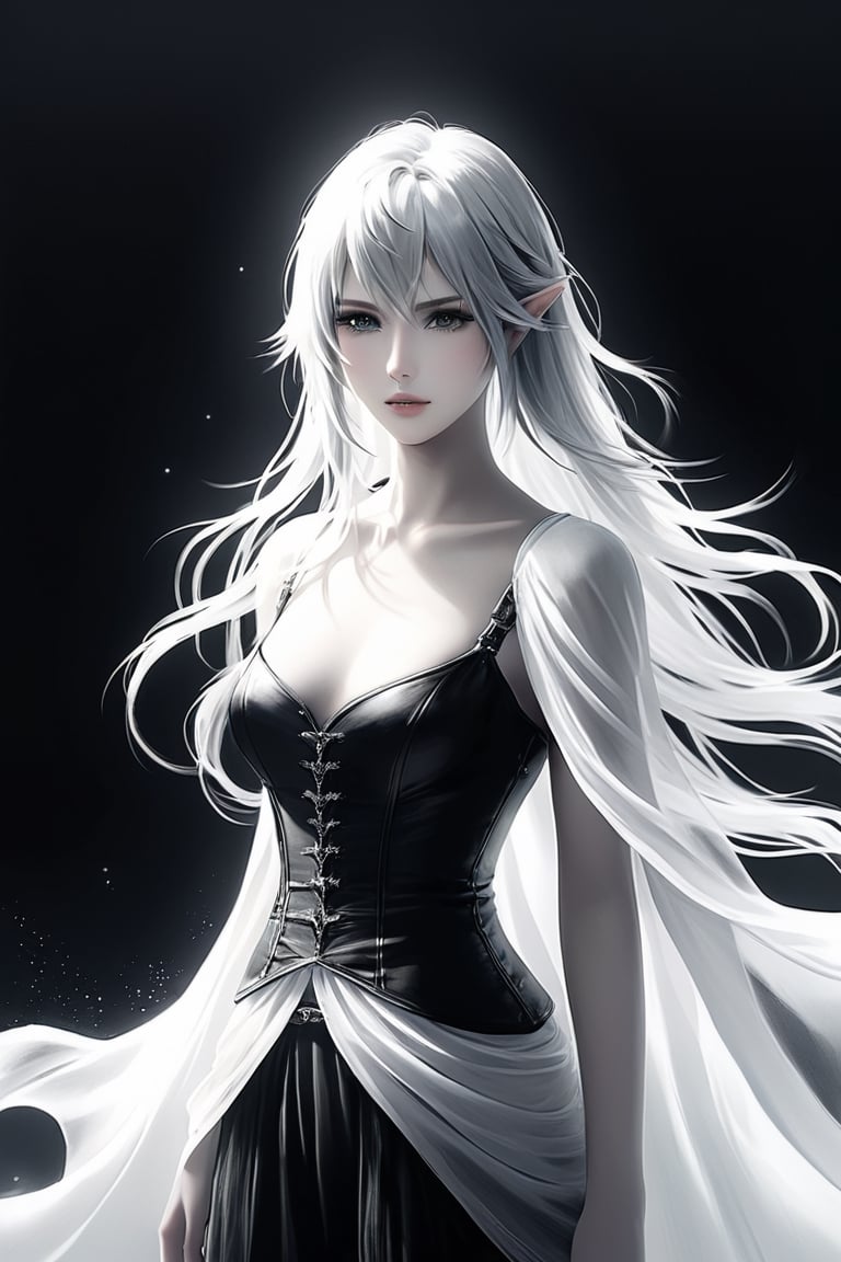 final fantasy,realistic,minimalism style,ghostly beauty, contract black and white style