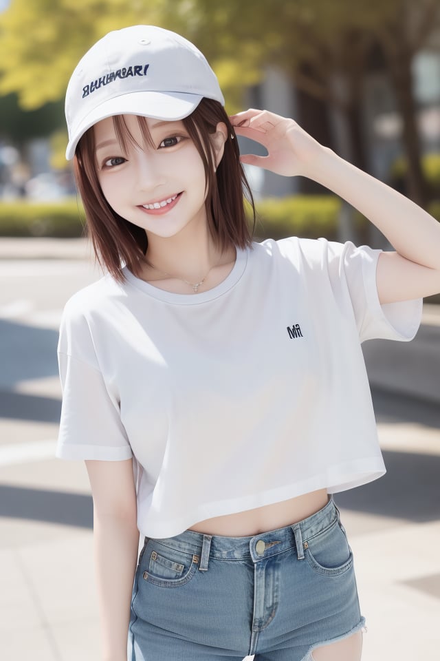mikas A smiling cute girl wearing a white T-shirt,  denim hot pants,  and a cap in the bright sunlight by mika's  sweets o...